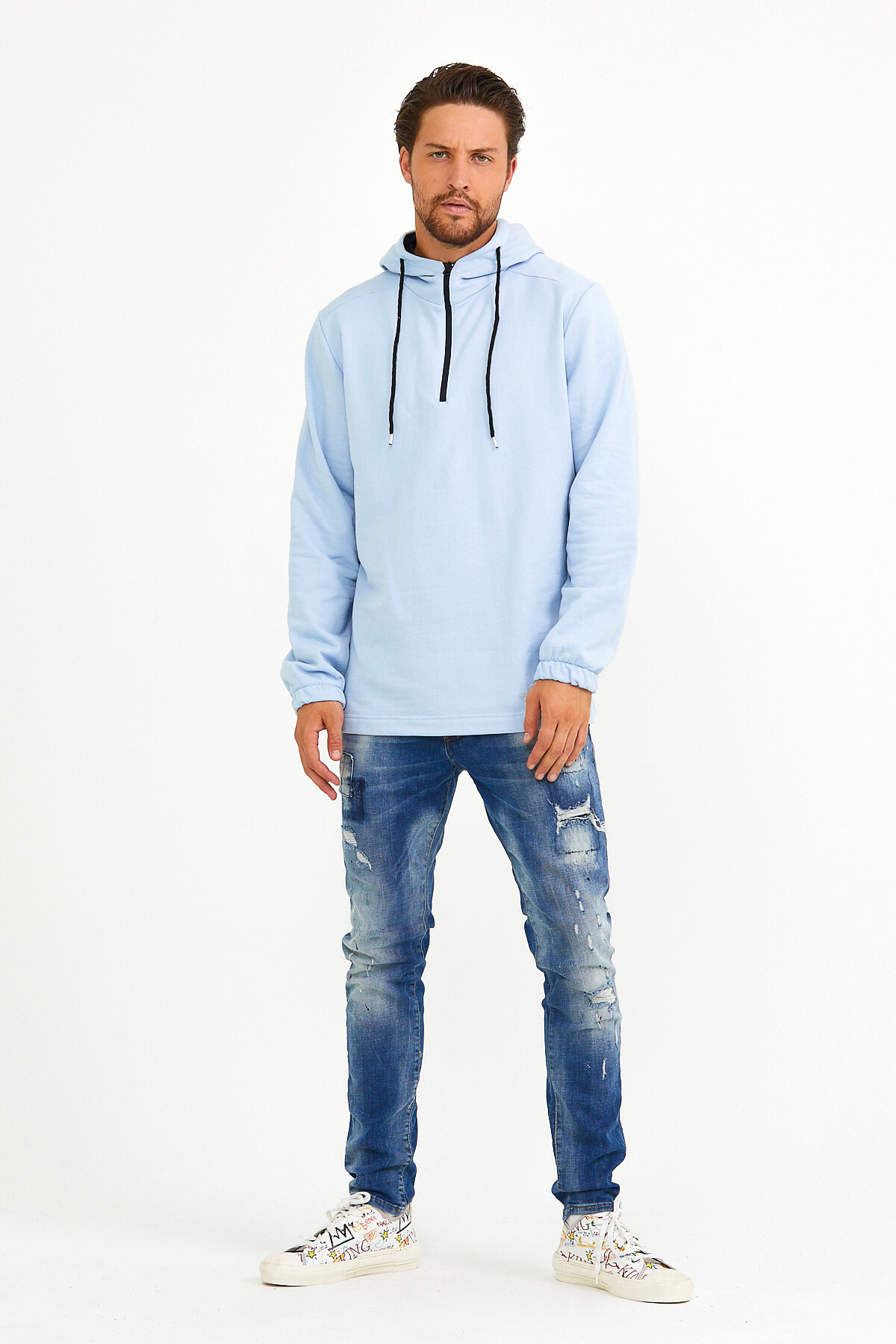 Süperlife Erkek Kapşonlu Regular Fit Yarım Fermuarlı İnce Sweatshirt SPR22SW170