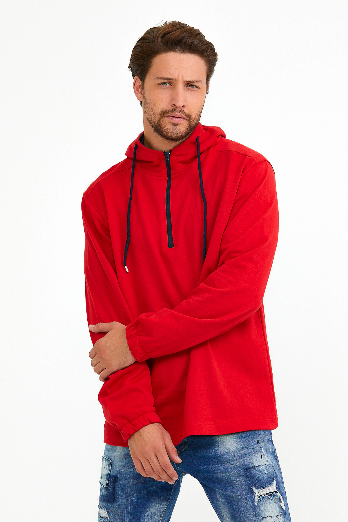 Süperlife Erkek Kapşonlu Regular Fit Yarım Fermuarlı İnce Sweatshirt SPR22SW170
