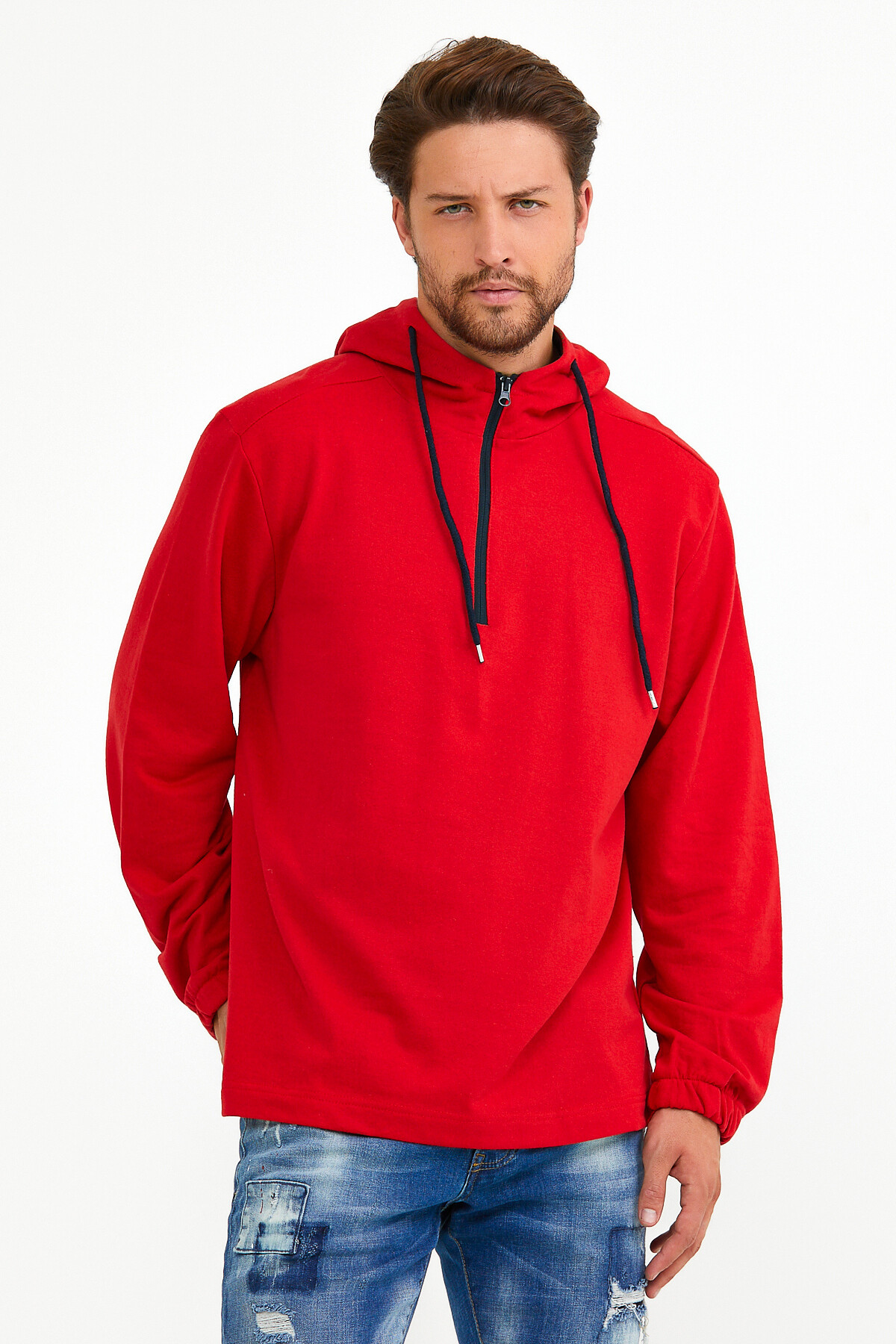 Süperlife Erkek Kapşonlu Regular Fit Yarım Fermuarlı İnce Sweatshirt SPR22SW170