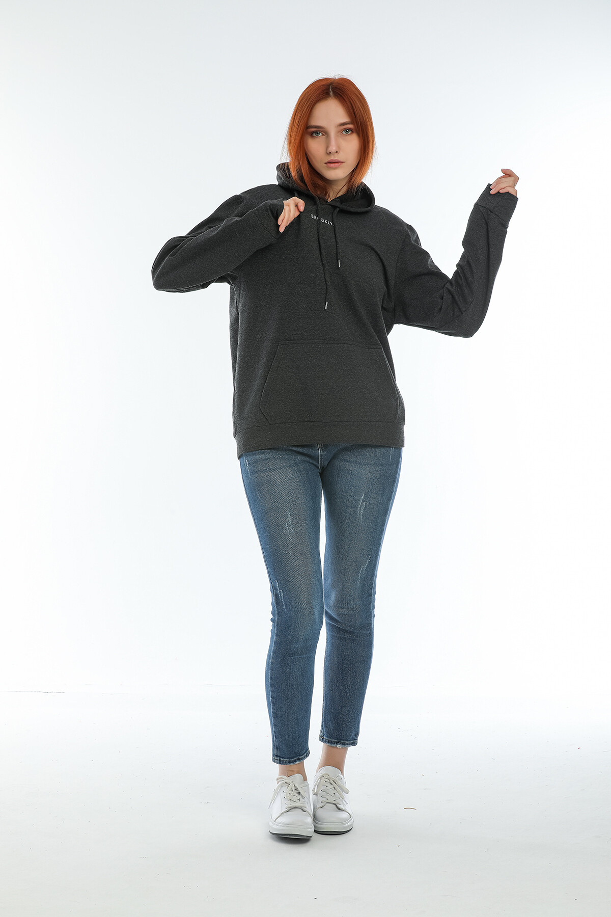 Süperlife Kadın Kapüşonlu Oversize Brooklyn Baskılı İnce Sweatshirt SPR22SWK161
