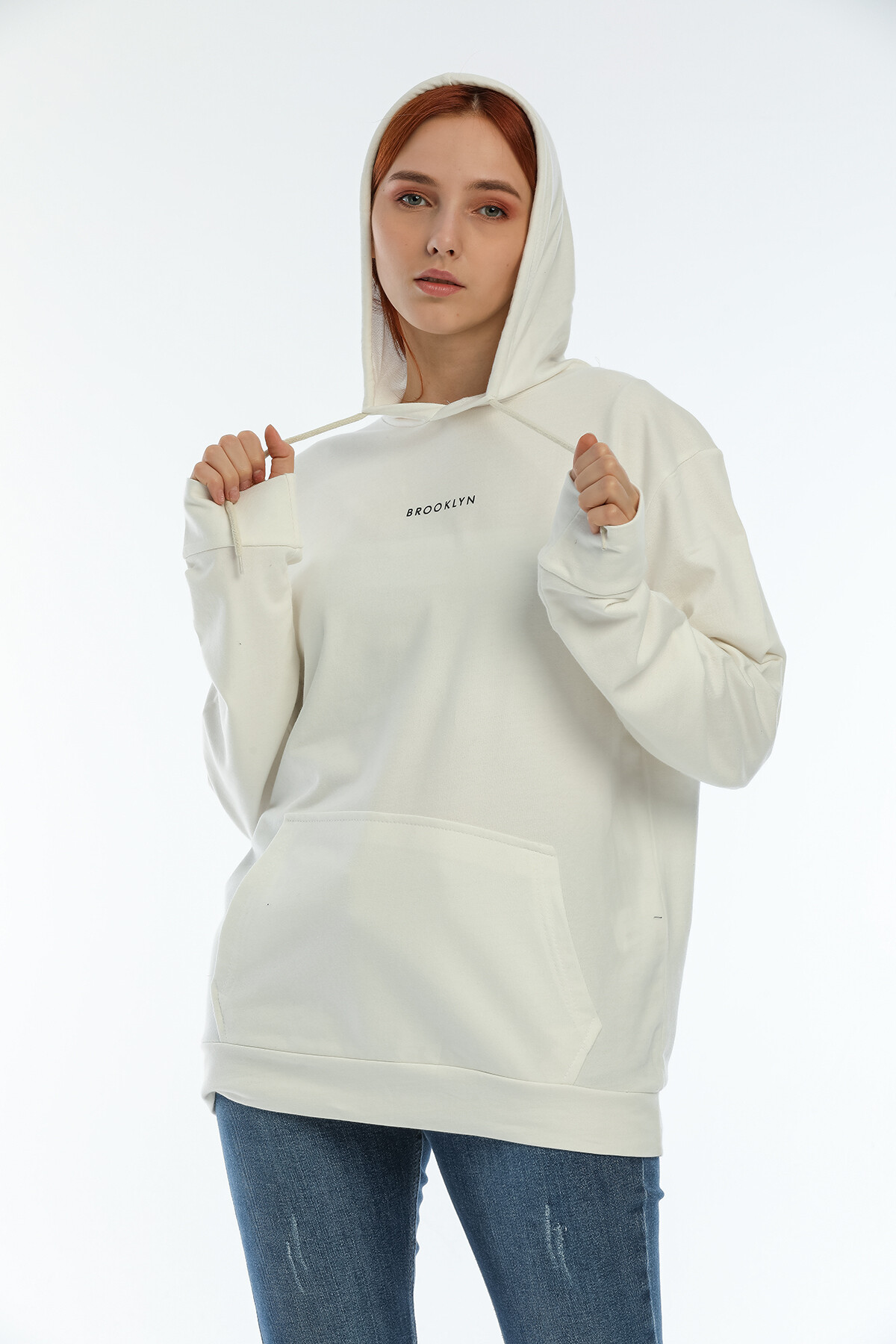 Süperlife Kadın Kapüşonlu Oversize Brooklyn Baskılı İnce Sweatshirt SPR22SWK161