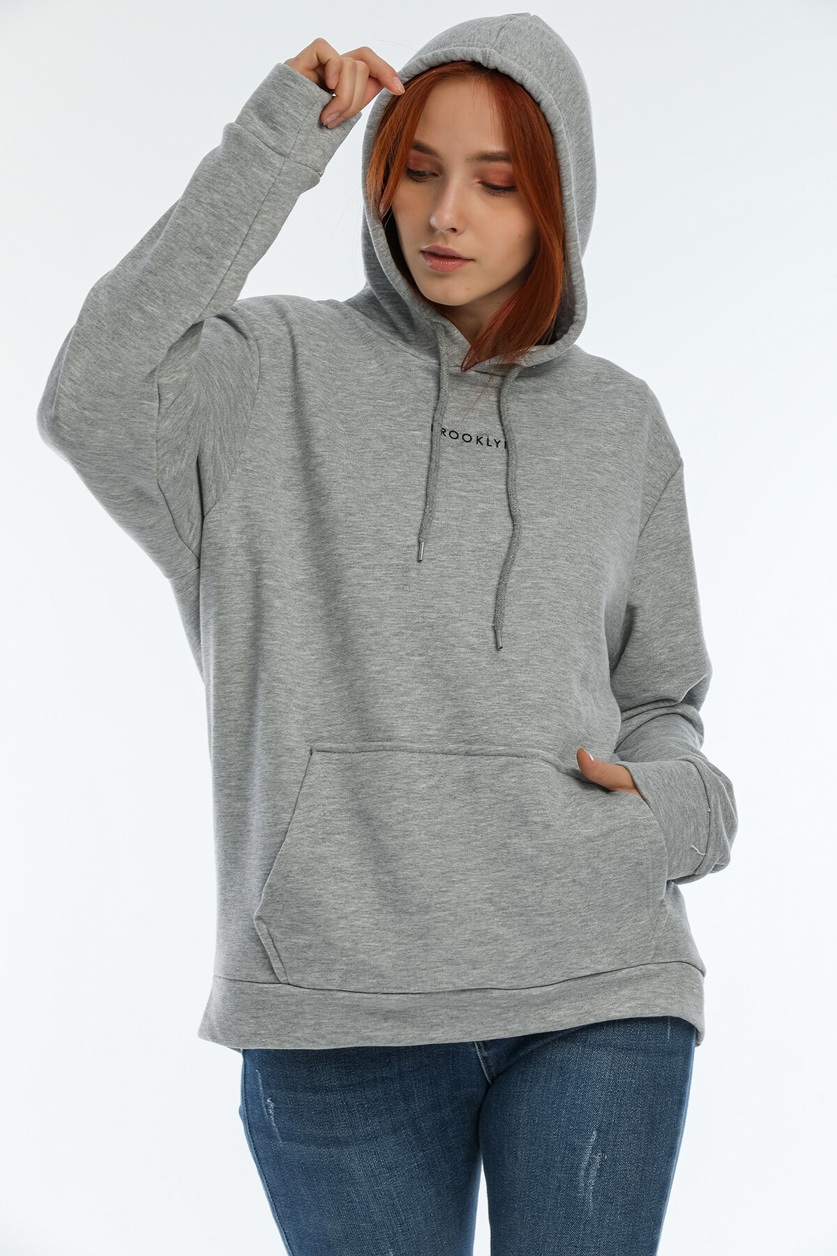 Süperlife Kadın Kapüşonlu Oversize Brooklyn Baskılı İnce Sweatshirt SPR22SWK161