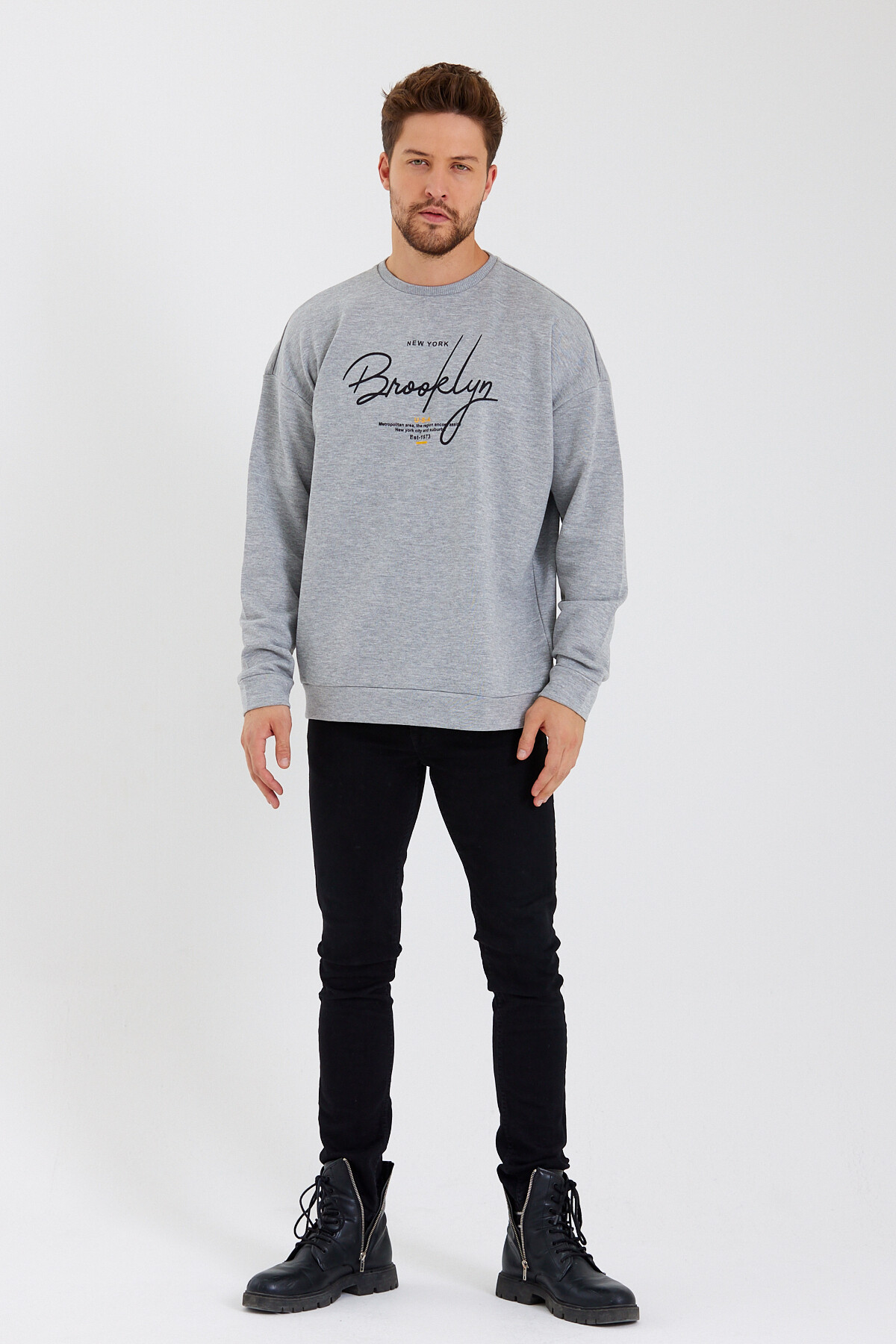 Süperlife Erkek Bisiklet Yaka Regular Fit  El Yazılı Brooklyn İnce Sweatshirt SPR23SW331