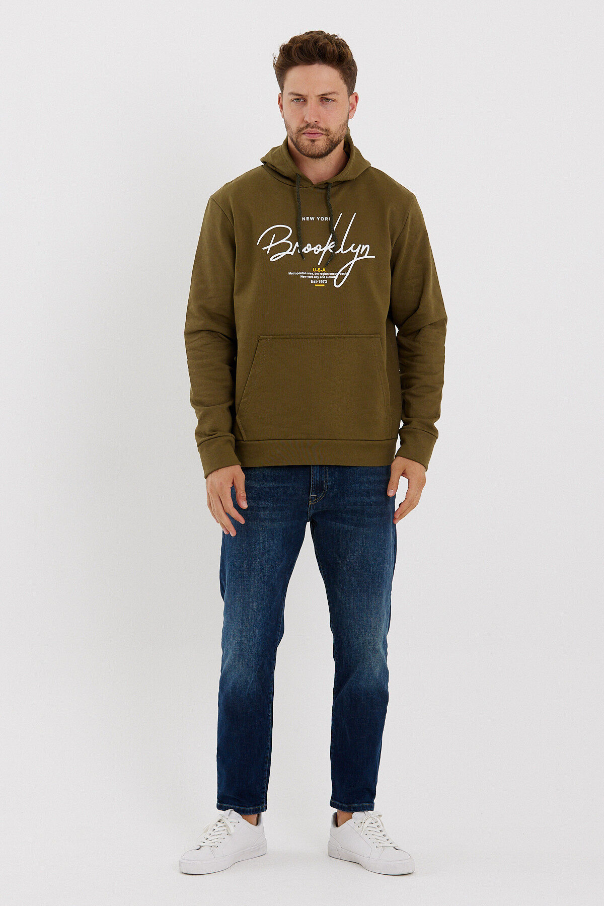 Süperlife Erkek Kapşonlu Regular Fit Brooklyn Baskılı İnce Sweatshirt SPR23SW361