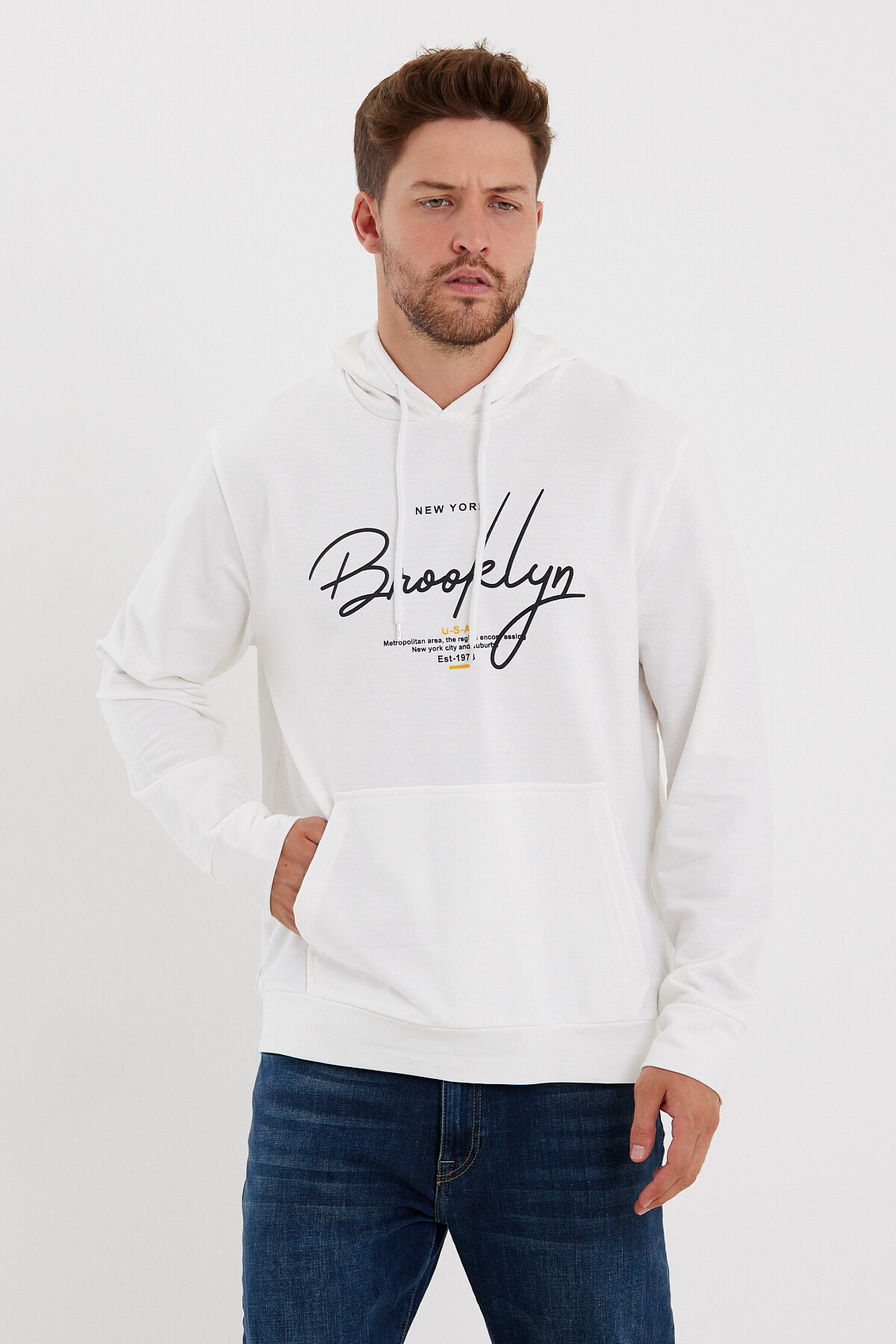 Süperlife Erkek Kapşonlu Regular Fit Brooklyn Baskılı İnce Sweatshirt SPR23SW361