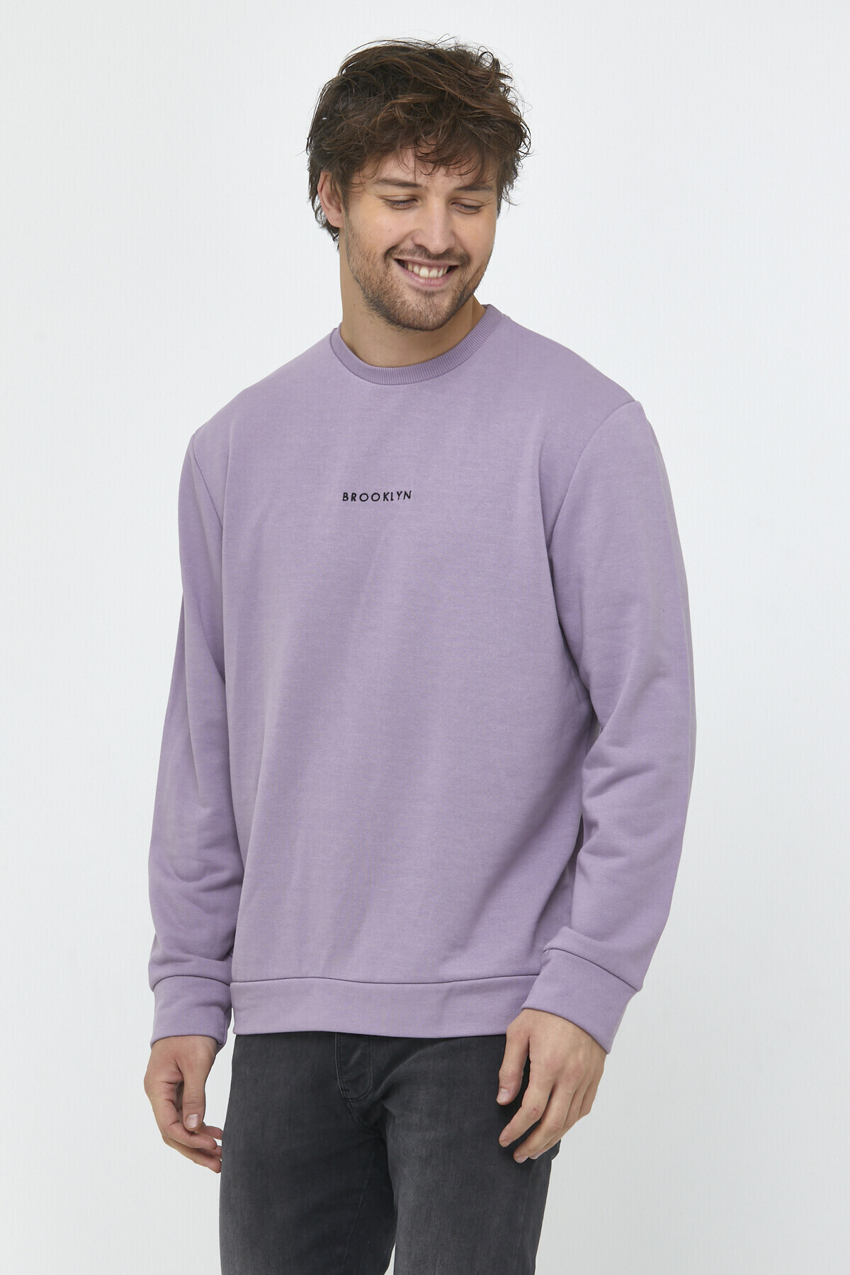 Süperlife Erkek Bisiklet Yaka Regular Fit Brooklyn Baskılı İnce Sweatshirt SPR22SW132