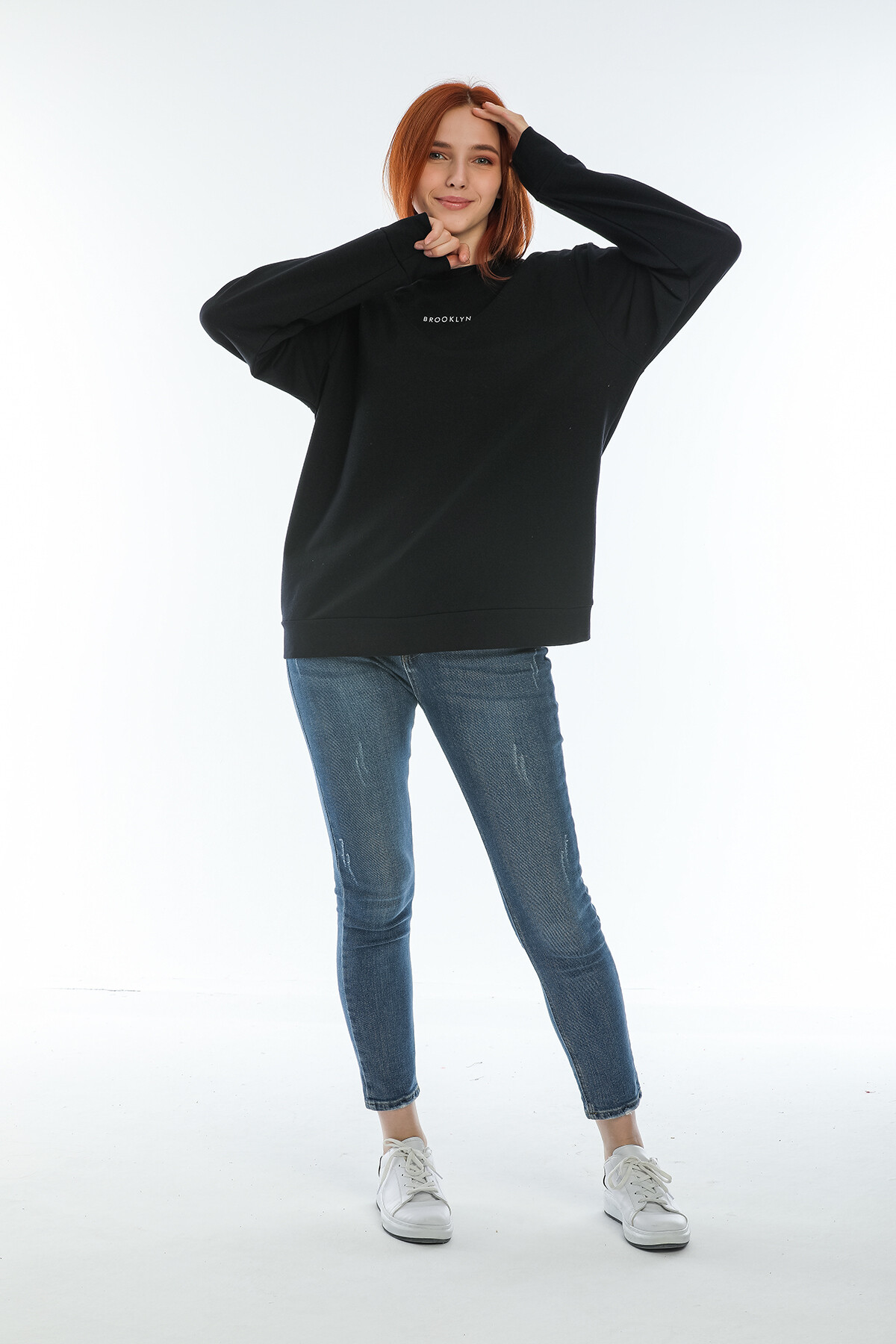 Süperlife Kadın Bisiklet Yaka Oversize Fit Brooklyn Baskılı Sweatshirt SPR22SWK030