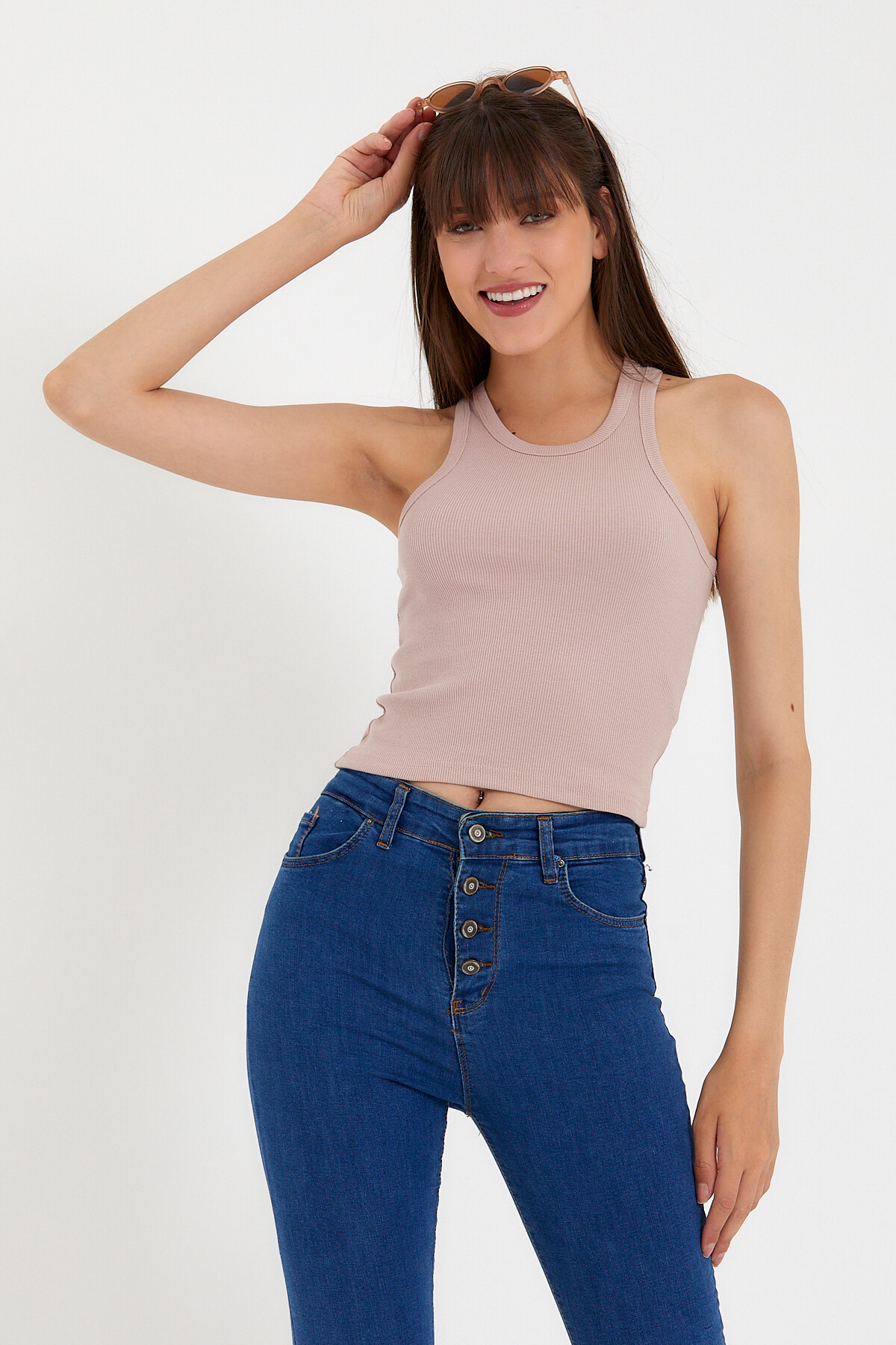 Süperlife Kadın Crop Örme Arkası Yüksek Yaka Slim Fit  Atlet-Tişort SPR21Y11