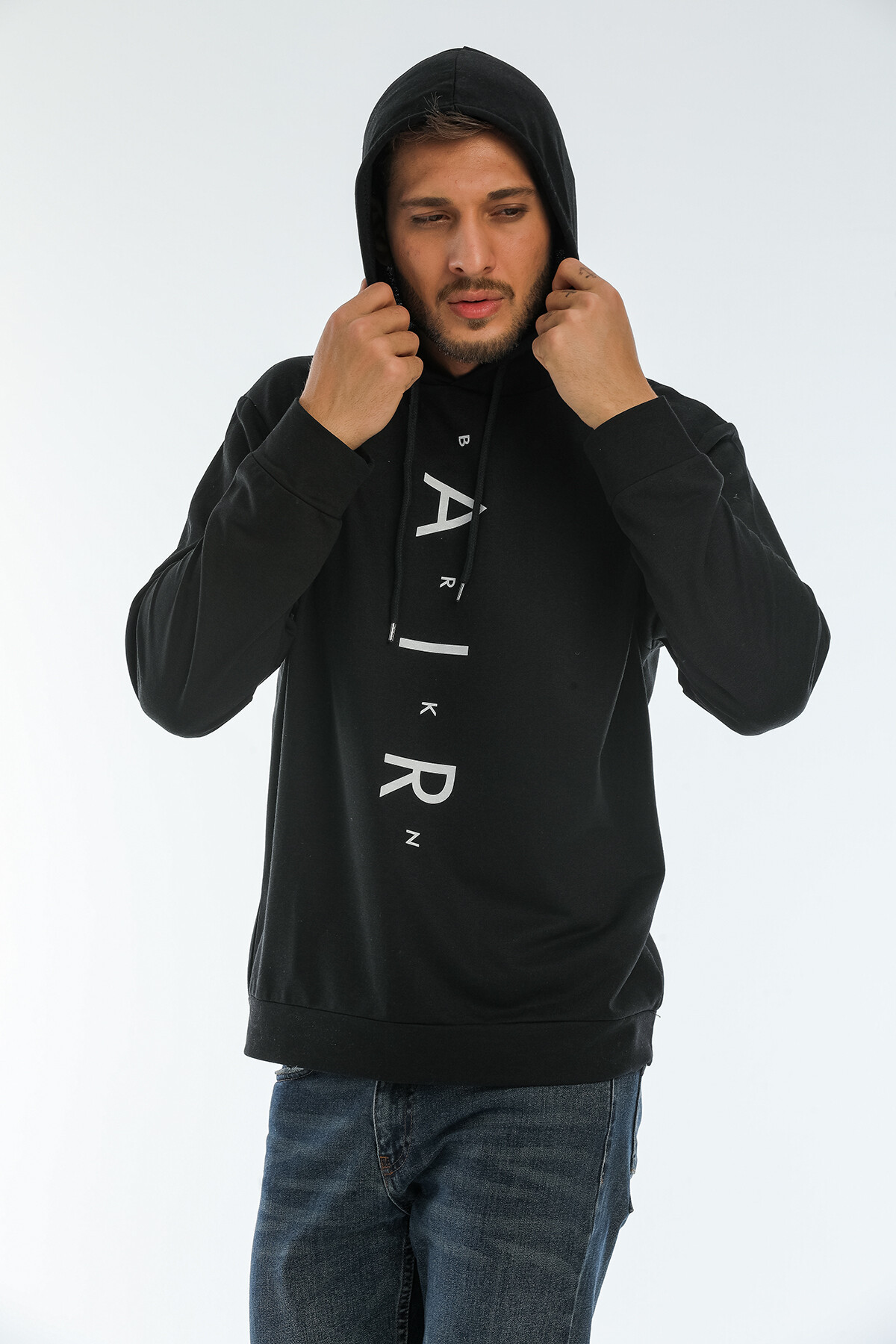 Süperlife Erkek Kapşonlu Regular Fit Air Baskılı İnce Sweatshirt SPR22SW162