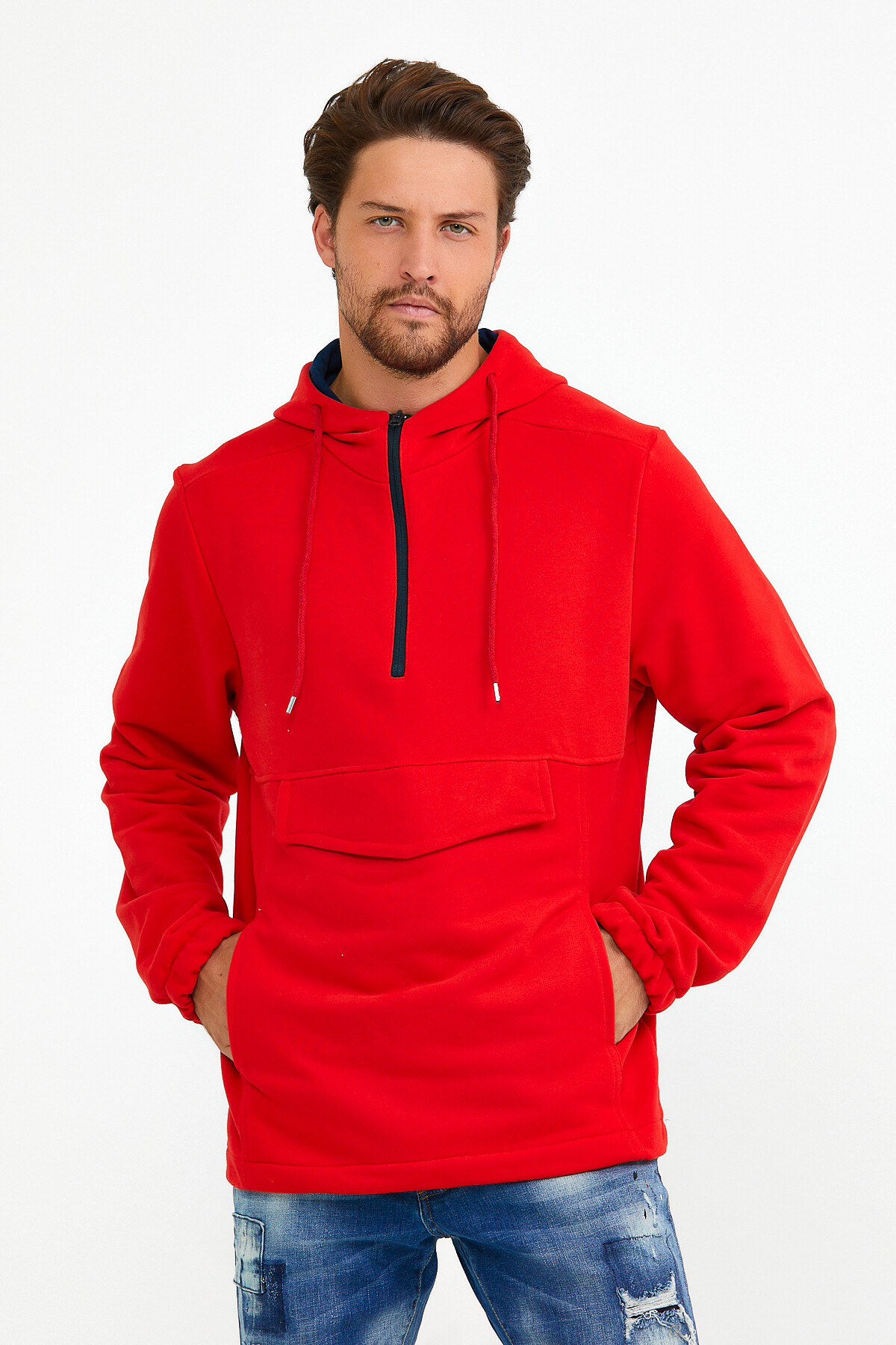 Erkek Kapşonlu Regular Fit Yarım Ferm.Kargo Cepli İnce Sweatshirt SPR22SW171