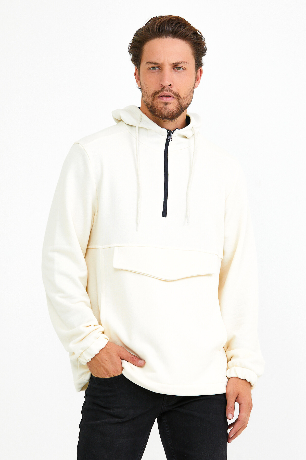 Erkek Kapşonlu Regular Fit Yarım Ferm.Kargo Cepli İnce Sweatshirt SPR22SW171
