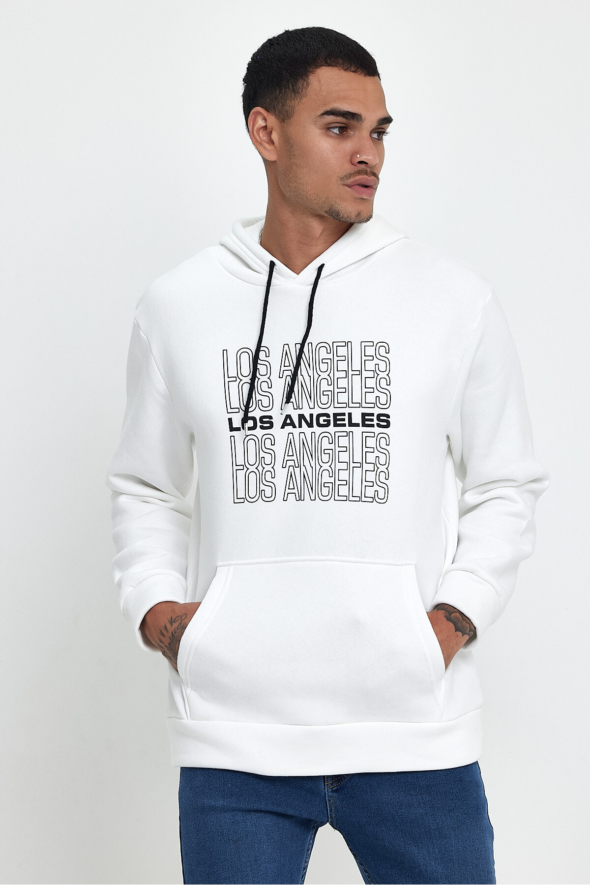 Süperlife Erkek Kapşonlu Rahat Kalıp İçi Polarlı 3 iplik  Los Angeles Baskılı SweatShırt spr24sw10