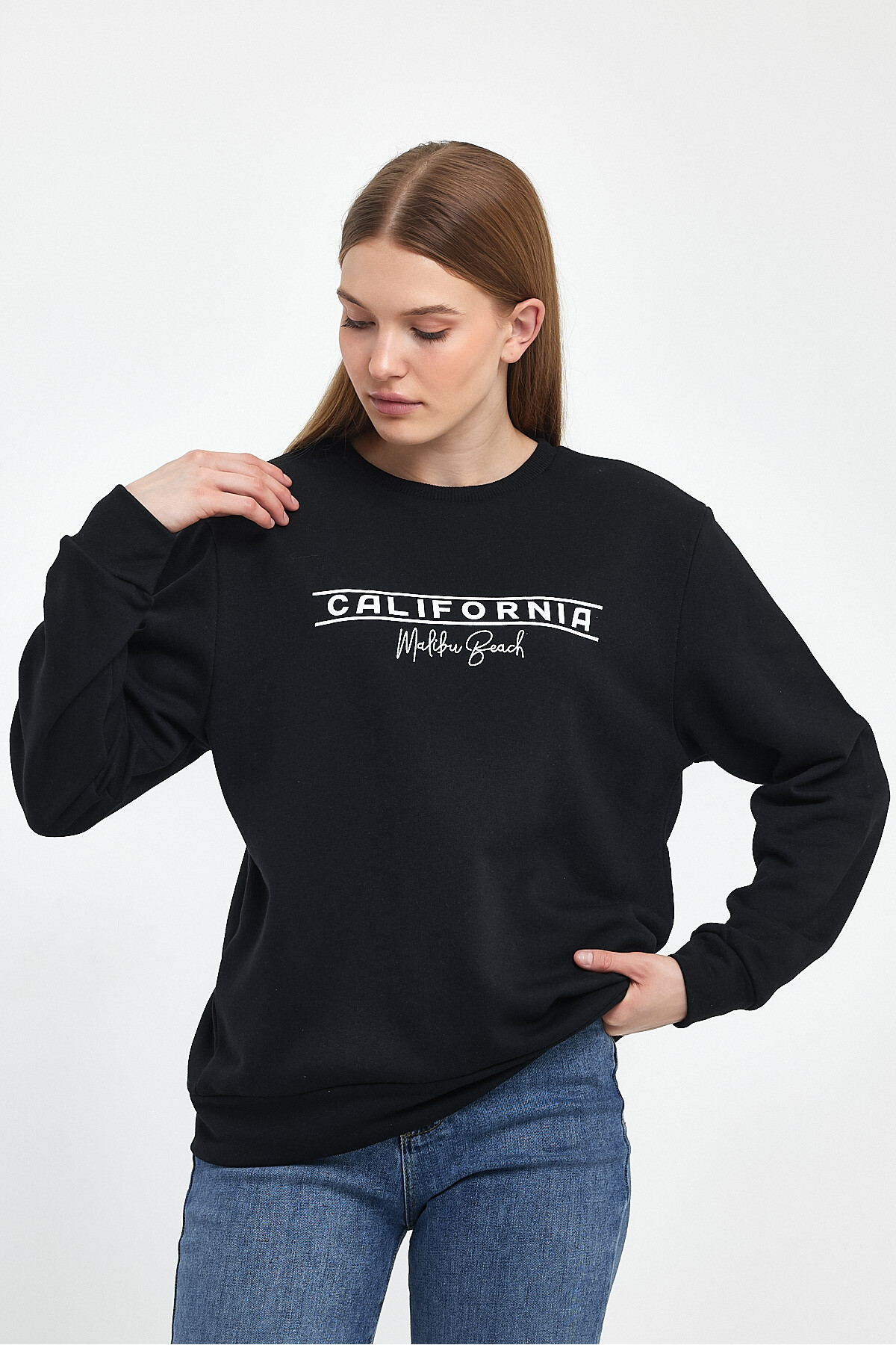 Kadın Bisiklet Yaka Rahat Kalıp 3 iplik Kalın Californıa Baskılı  Sweatshirt SPR24SWK32