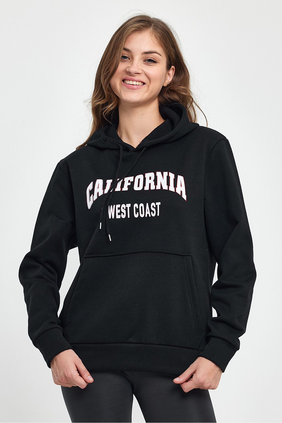 Kadın Kapşonlu Rahat Kalıp İçi Polarlı 3 iplik Californıa West  Baskılı Swetashırt SPR24SWK08