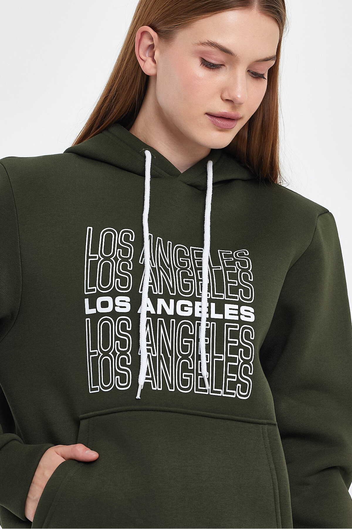 Kadın Kapşonlu Rahat Kalıp İçi Polarlı 3 iplik  Los Angeles Baskılı SweatShırt spr24swK10