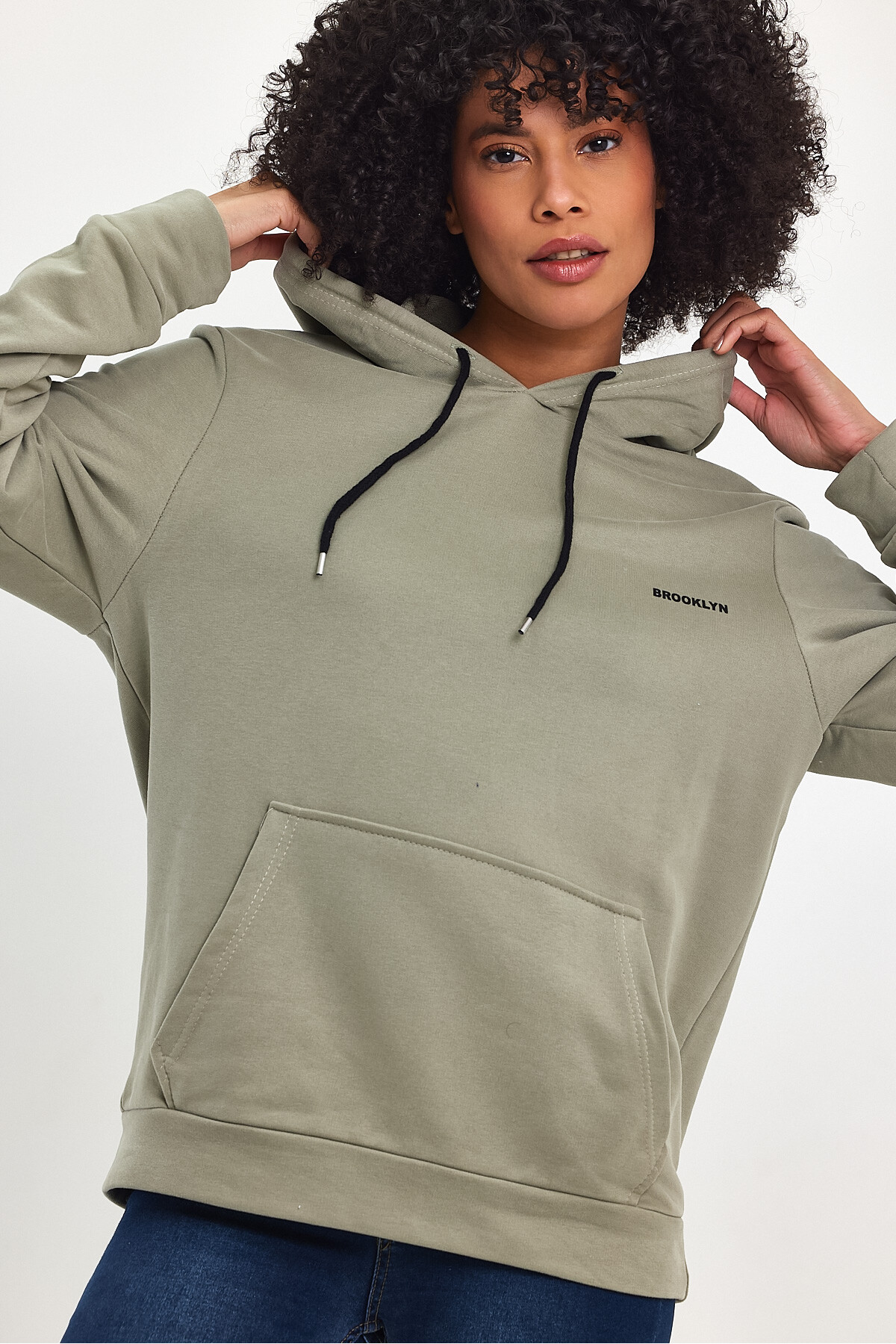 Süperlife Kadın Kapşonlu Regular Fit Baskılı İnce Sweatshirt SPR21K61