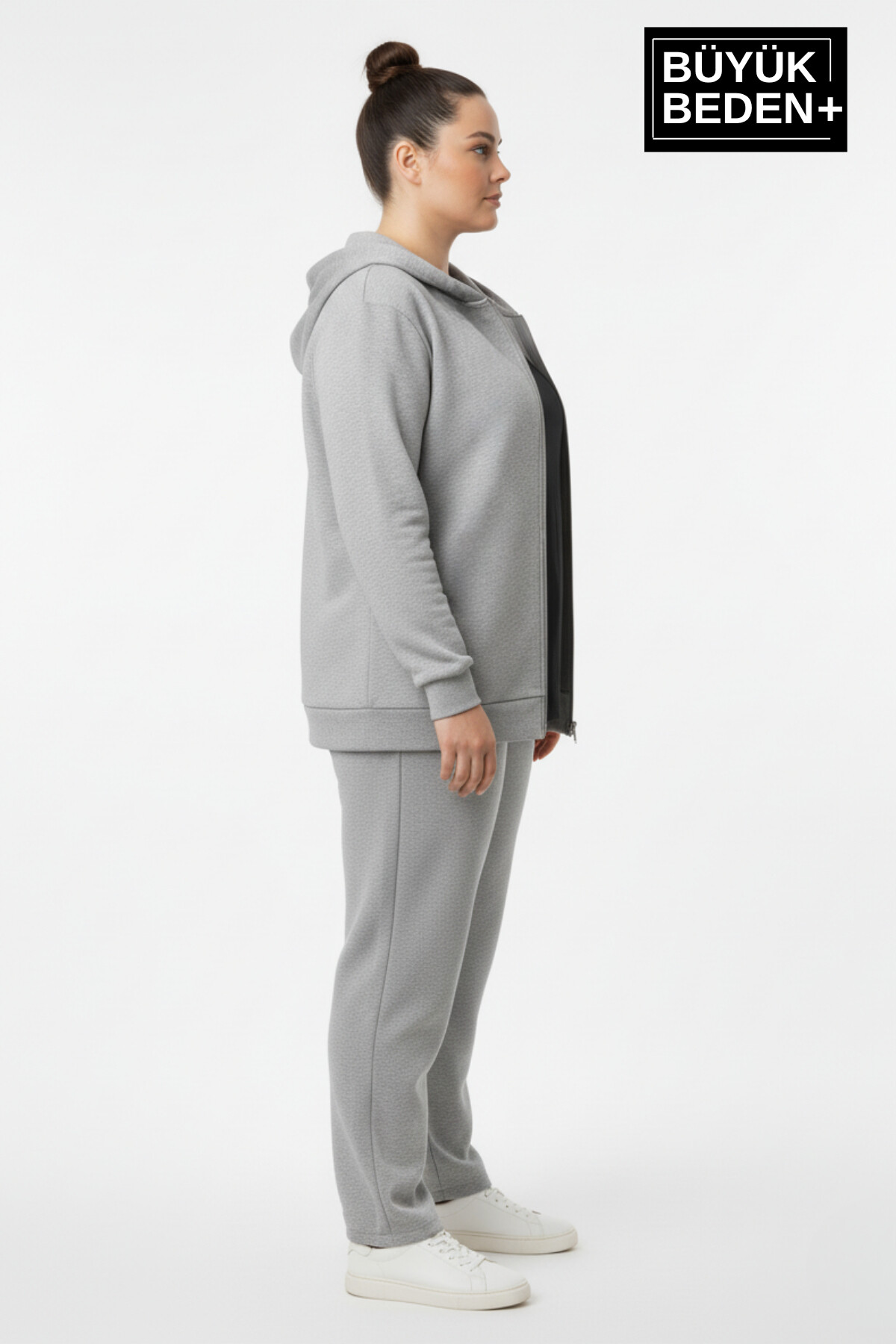 Kadın Büyük Beden Fermuarlı Kapüşonlu ince Sweatshirt Hırka - Rahat Kalıp SPR26BHR960