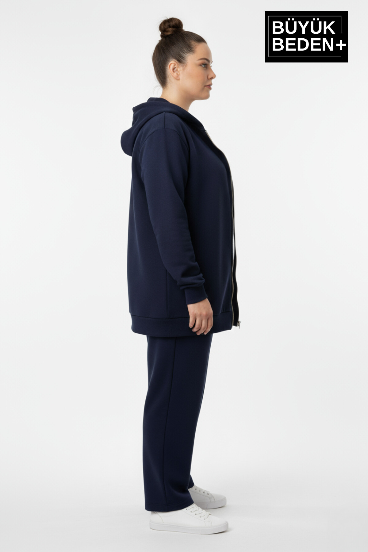 Kadın Büyük Beden Fermuarlı Kapüşonlu ince Sweatshirt Hırka - Rahat Kalıp SPR26BHR960
