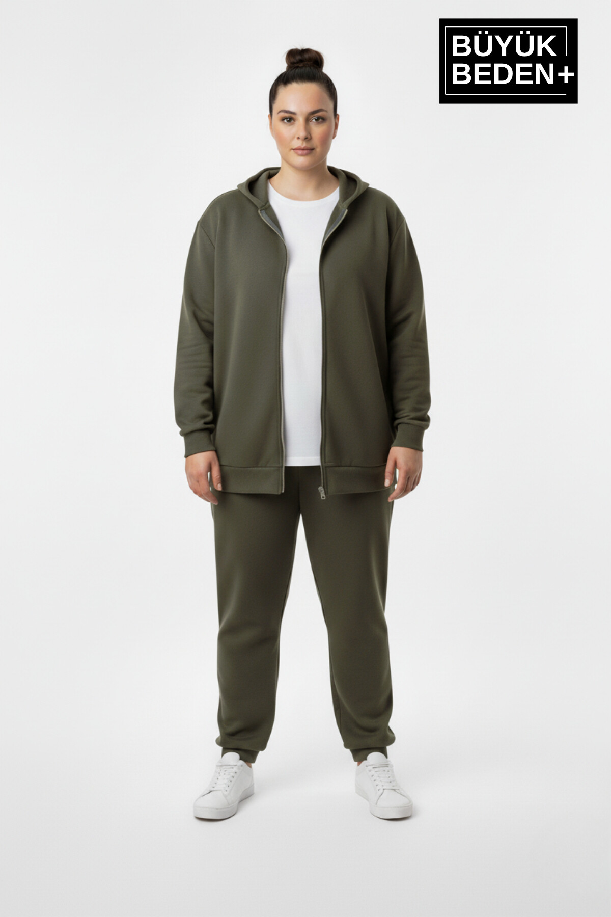 Kadın Büyük Beden Fermuarlı Kapüşonlu ince Sweatshirt Hırka - Rahat Kalıp SPR26BHR960