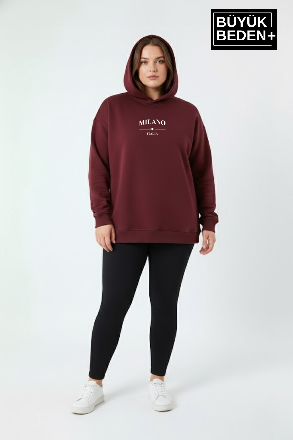 Kadın Büyük Beden Kapşonlu Rahat Kalıp Hoodie – Milano Italia Baskılı ince Sweatshırt SPR26BSWK967