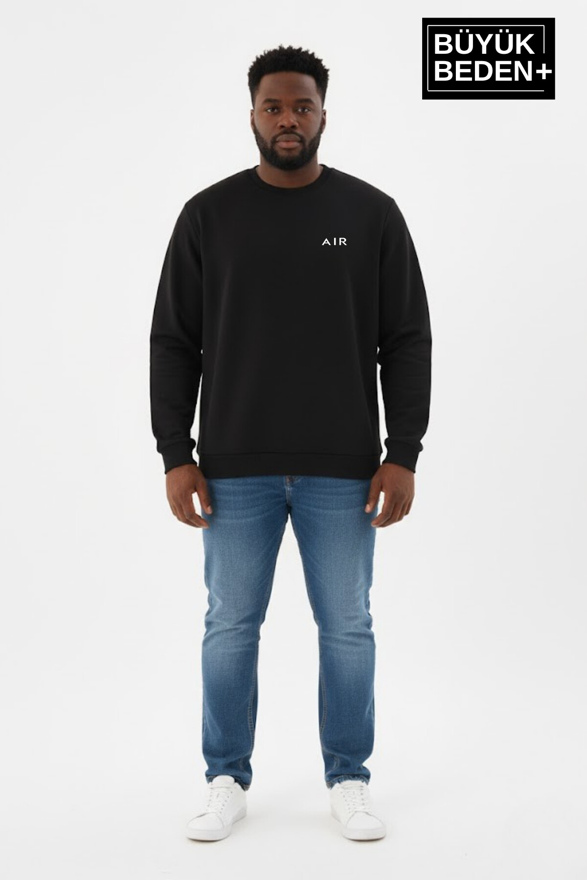 Erkek Büyük Beden AR Baskılı Yaka Kollar Etek Ribana Bisilet Yaka İnce Sweatshirt SPR26BSW956-1