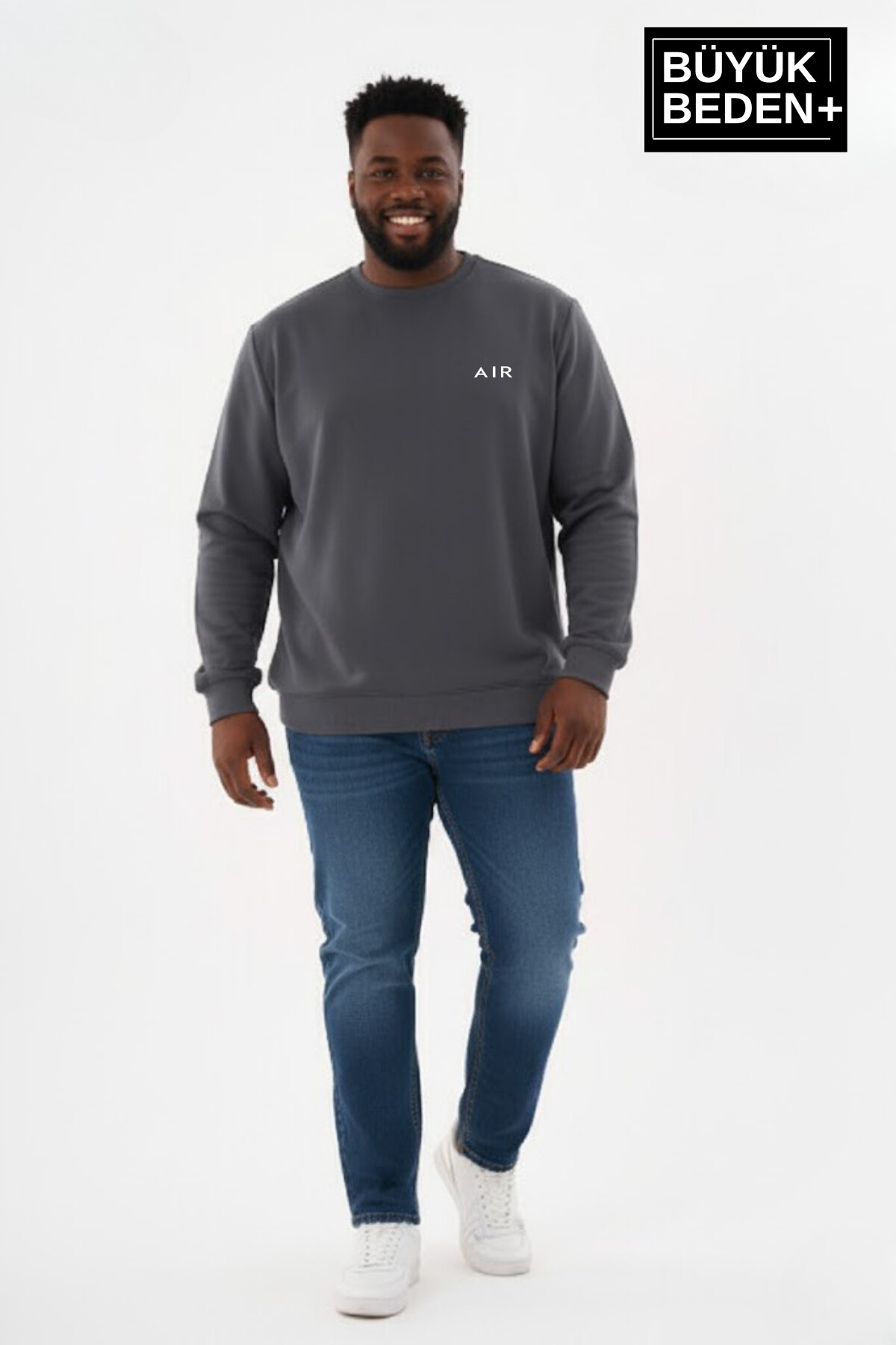 Erkek Büyük Beden AR Baskılı Yaka Kollar Etek Ribana Bisilet Yaka İnce Sweatshirt SPR26BSW956-1