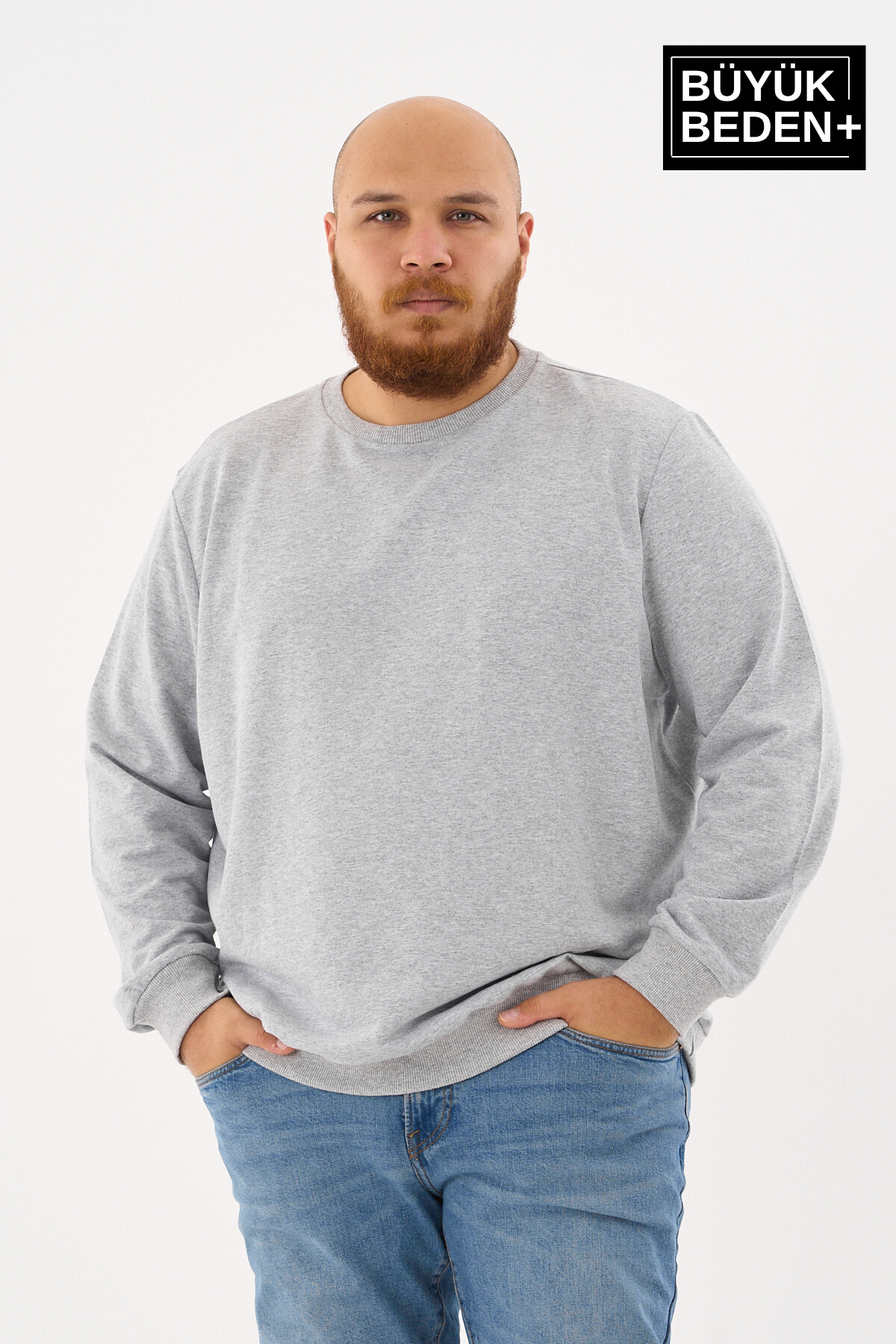 Erkek Büyük Beden Bisiklet Yaka ince Sweatshirt SPR24BSW56
