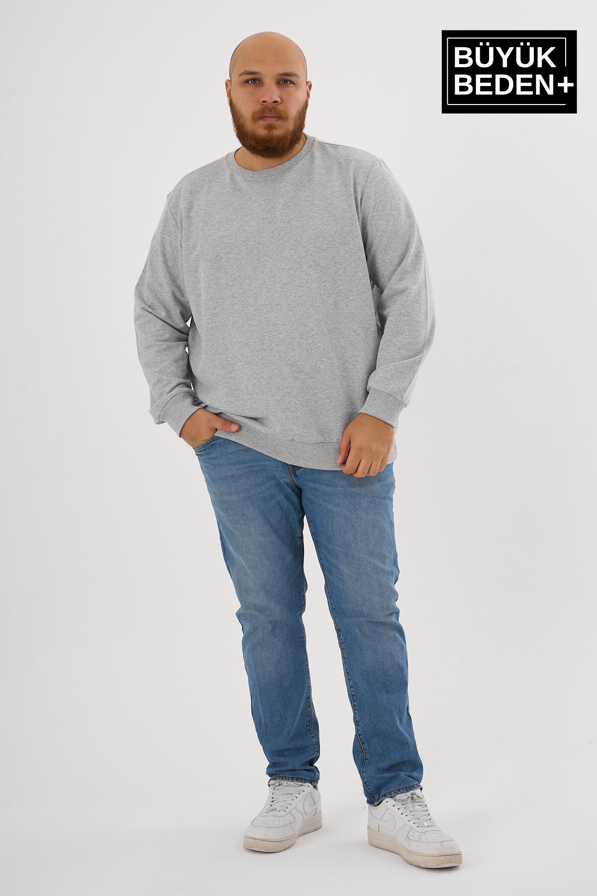 Erkek Büyük Beden Bisiklet Yaka ince Sweatshirt SPR24BSW56