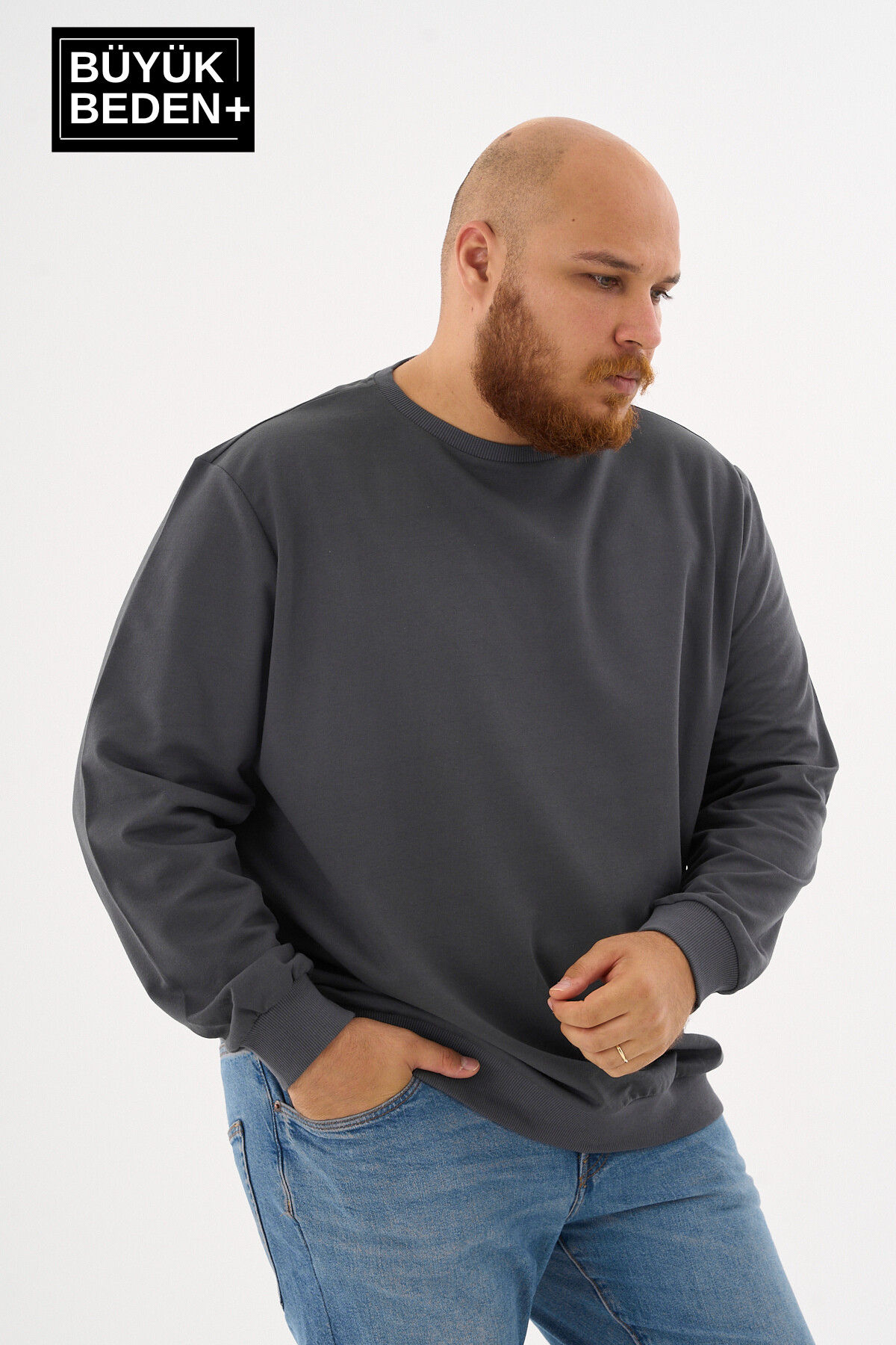 Erkek Büyük Beden Bisiklet Yaka ince Sweatshirt SPR24BSW56