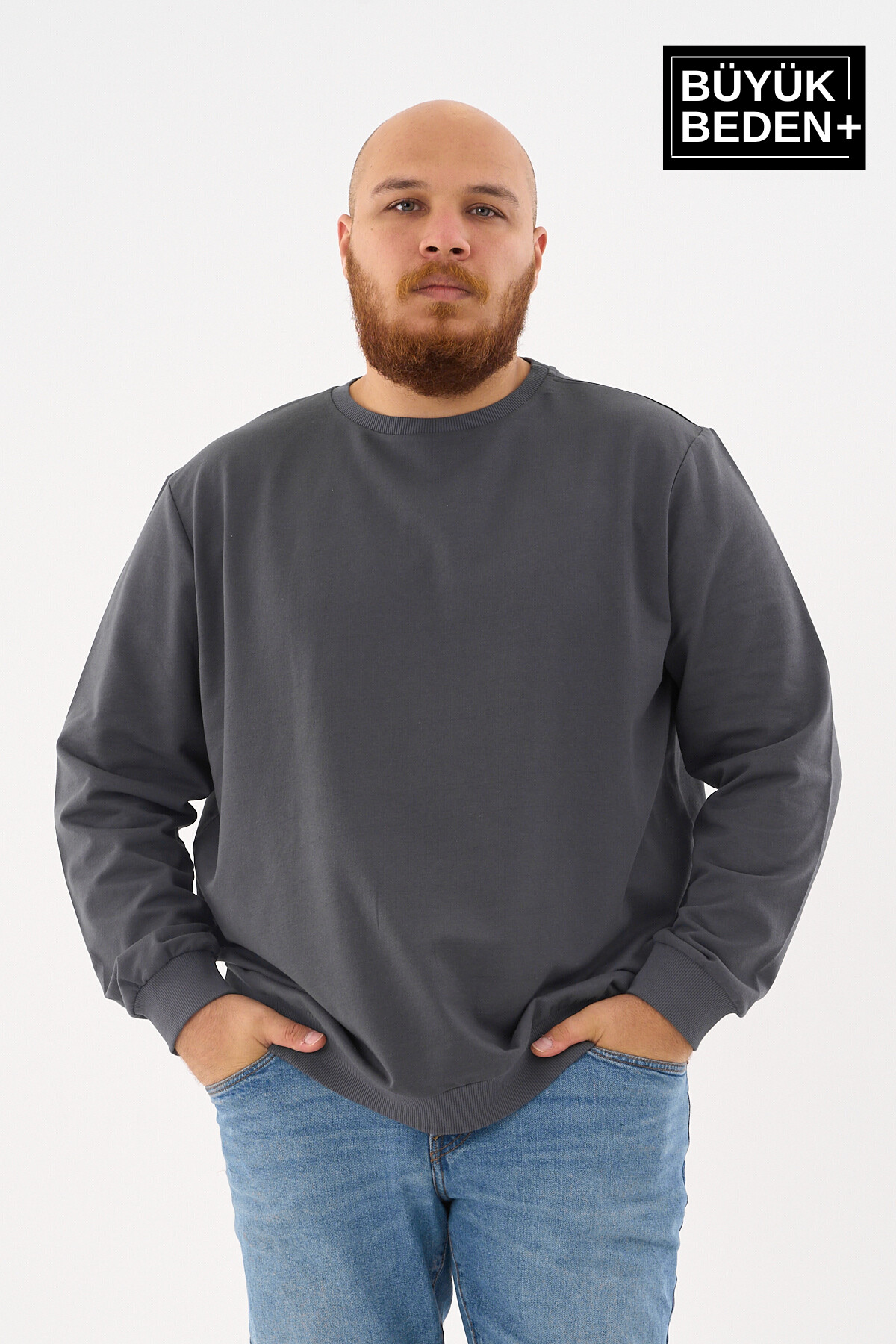 Erkek Büyük Beden Bisiklet Yaka ince Sweatshirt SPR24BSW56
