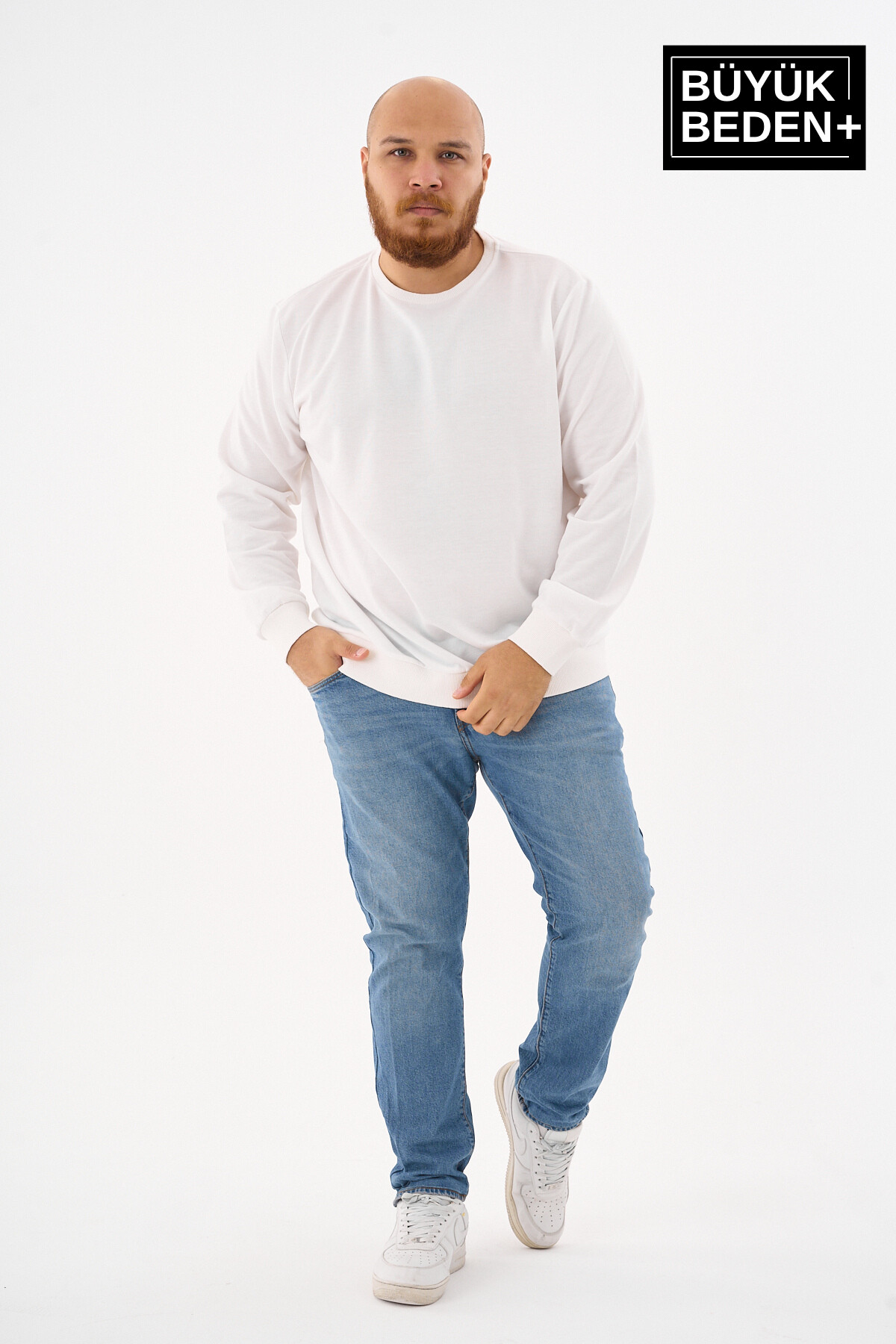 Erkek Büyük Beden Bisiklet Yaka ince Sweatshirt SPR24BSW56
