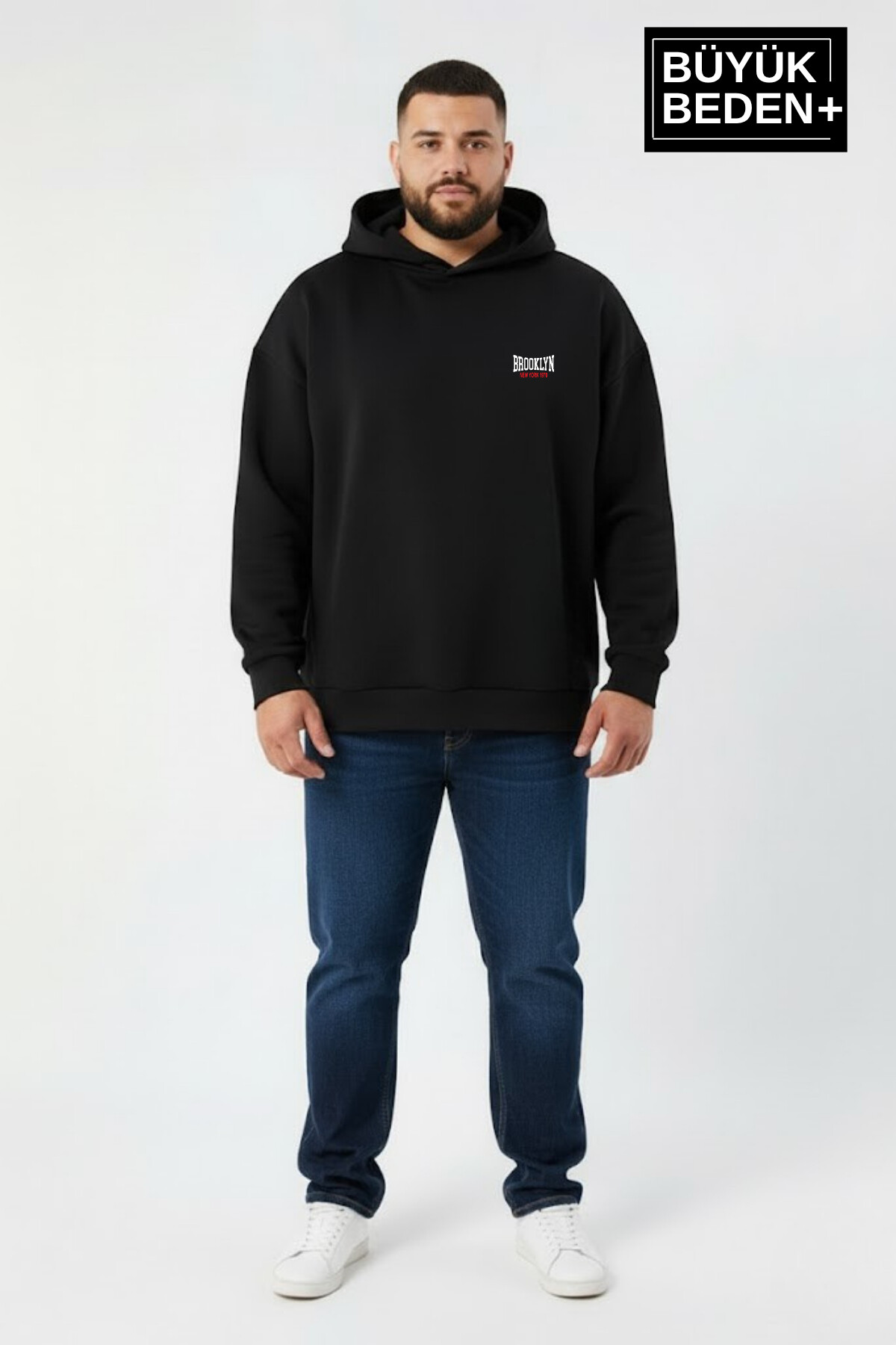 Erkek Büyük Beden Brooklyn 1970 Baskılı Kapüşonlu ince Sweatshirt SPR26BSW964