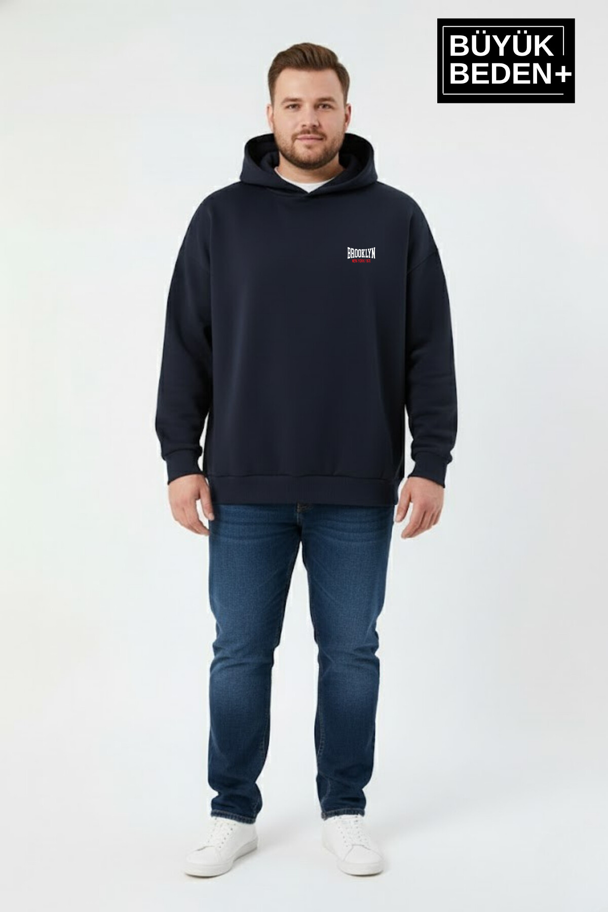 Erkek Büyük Beden Brooklyn 1970 Baskılı Kapüşonlu ince Sweatshirt SPR26BSW964