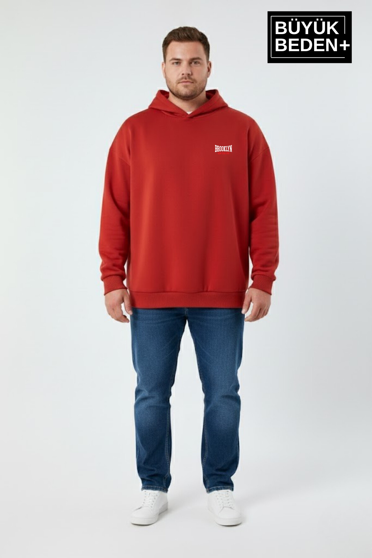 Erkek Büyük Beden Brooklyn 1970 Baskılı Kapüşonlu ince Sweatshirt SPR26BSW964