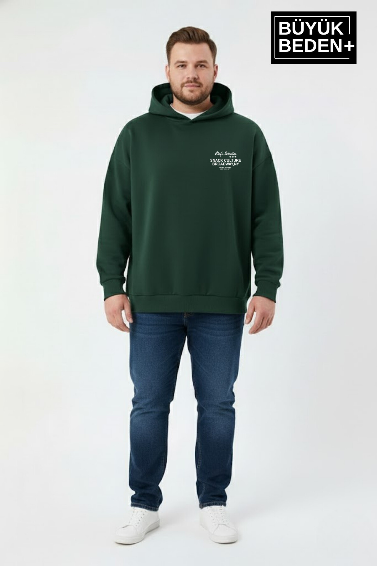 Erkek Büyük Beden Chef Baskılı Kapüşonlu Rahat Kalıp  ince Sweatshirt SPR26BSW966