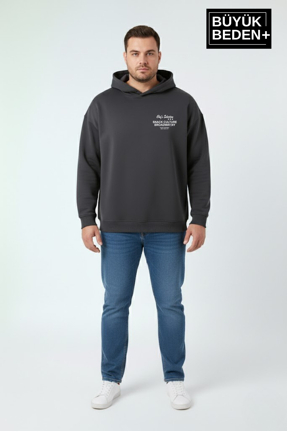 Erkek Büyük Beden Chef Baskılı Kapüşonlu Rahat Kalıp  ince Sweatshirt SPR26BSW966