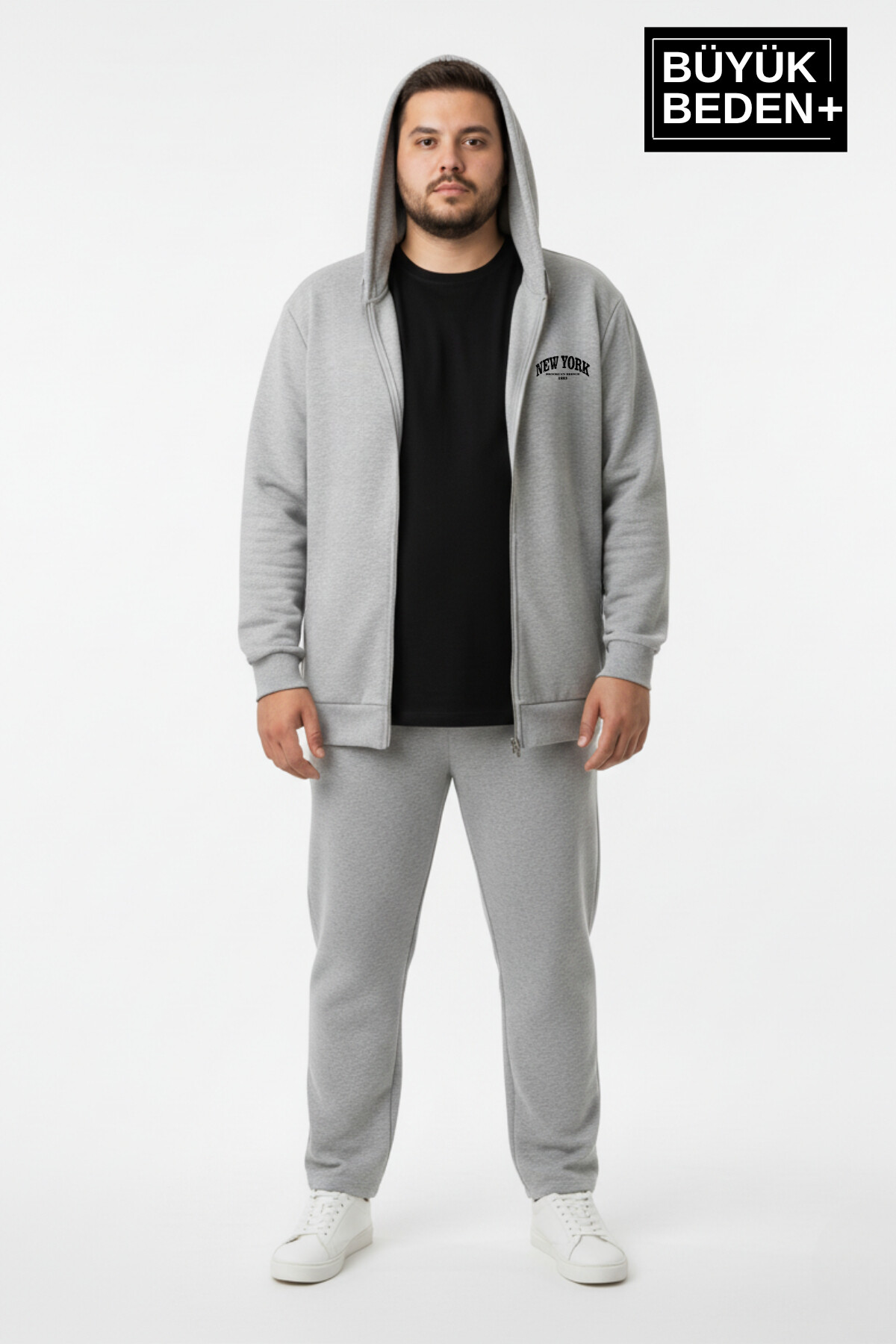 Erkek Büyük Beden Fermuarlı Kapüşonlu New York Baskılı ince Sweatshirt Hırka SPR26BHR923