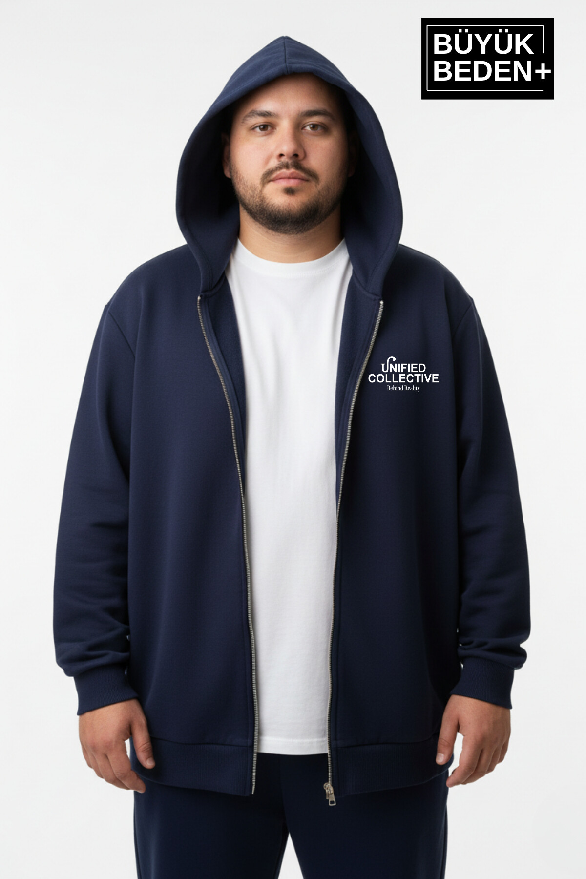 Erkek Büyük Beden Fermuarlı Kapüşonlu Unified Baskılı ince Sweatshirt Hırka SPR26BHR924