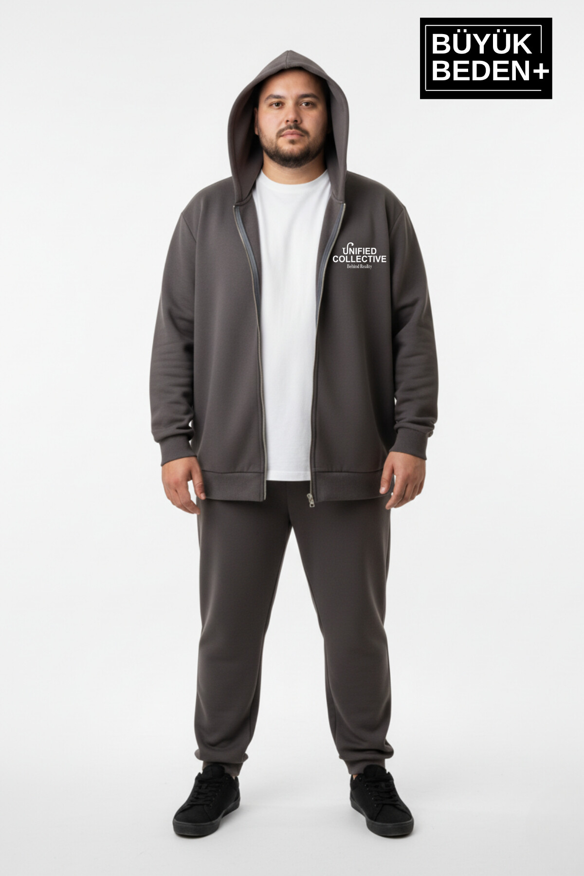 Erkek Büyük Beden Fermuarlı Kapüşonlu Unified Baskılı ince Sweatshirt Hırka SPR26BHR924
