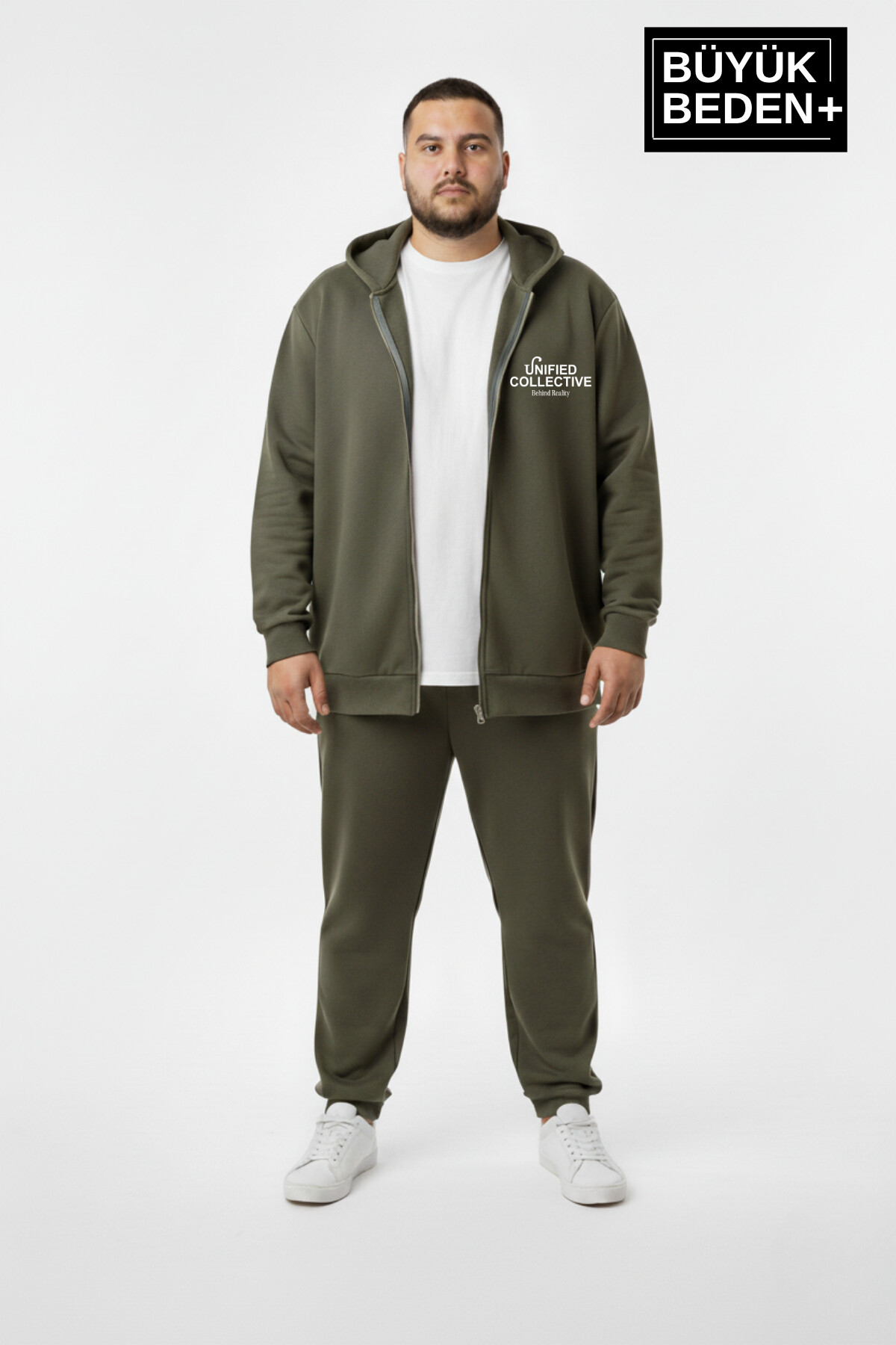 Erkek Büyük Beden Fermuarlı Kapüşonlu Unified Baskılı ince Sweatshirt Hırka SPR26BHR924