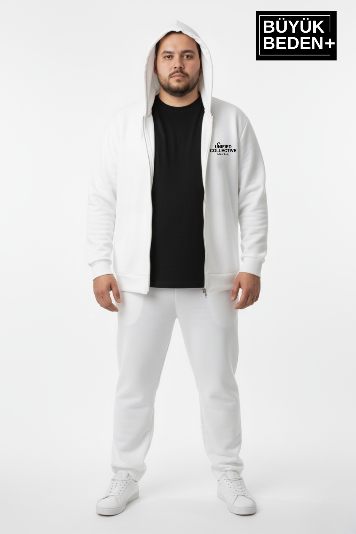 Erkek Büyük Beden Fermuarlı Kapüşonlu Unified Baskılı ince Sweatshirt Hırka SPR26BHR924