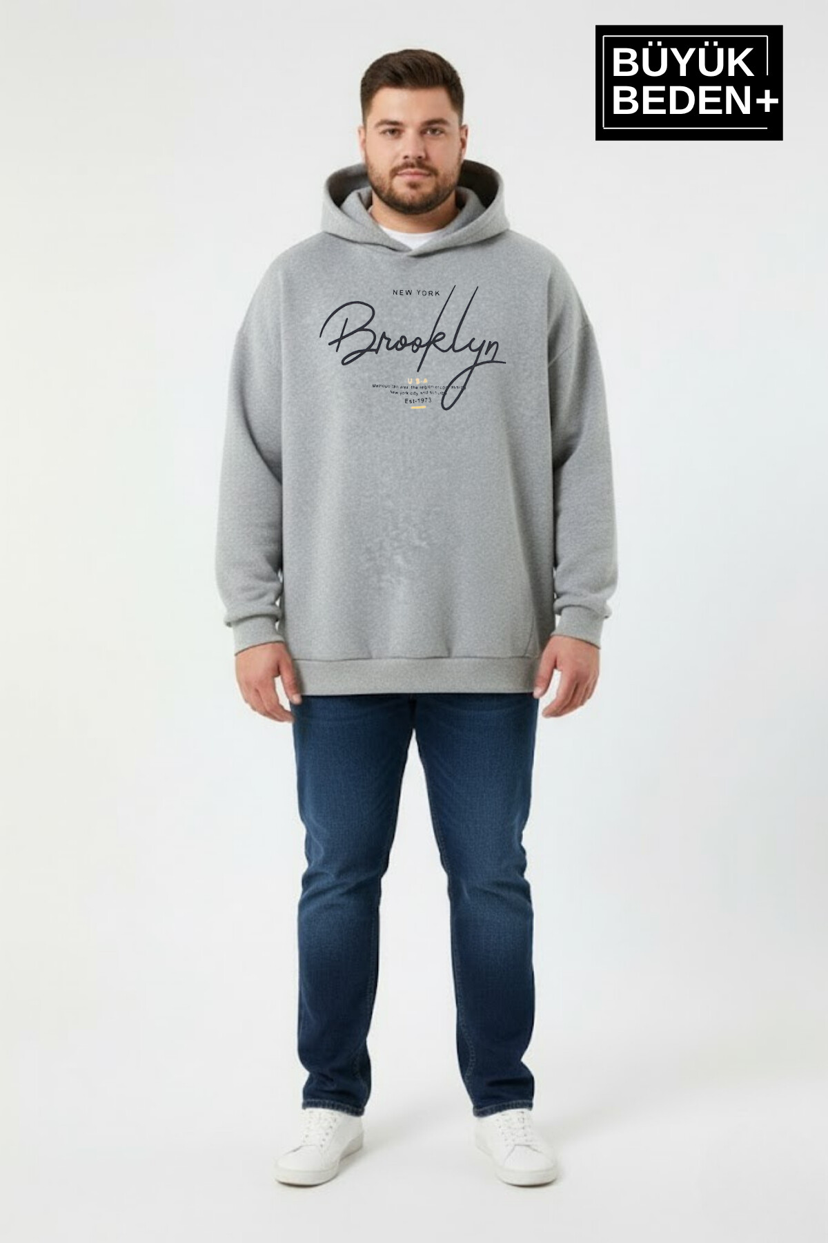 Erkek Büyük Beden Kapşonlu El Yazılı Brooklyn Baskılı İnce Swatshırt SPR25BSW958