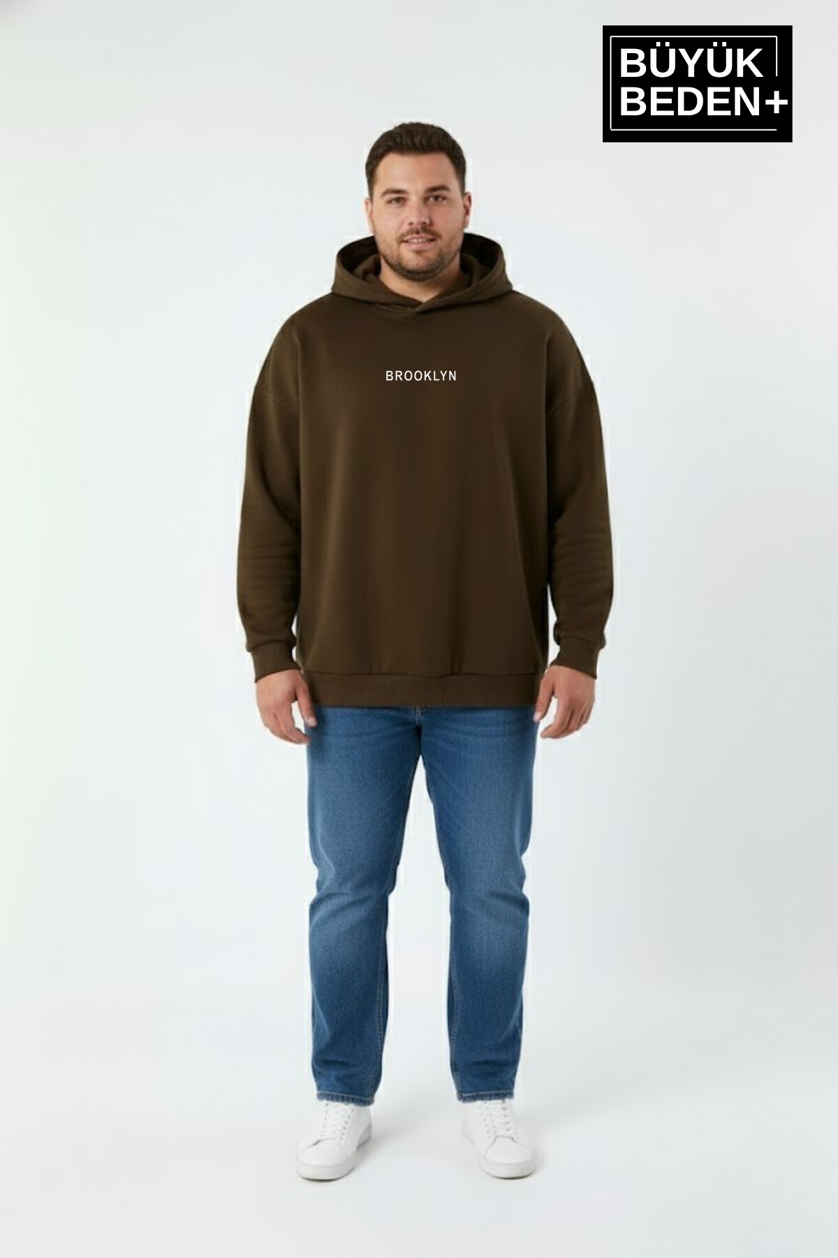 Erkek Büyük Beden Kapüşonlu Orta Brooklyn Baskılı ince  Sweatshirt SPR26BSW961