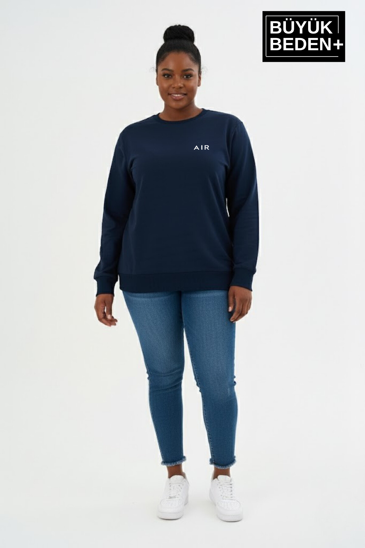 Kadın Büyük Beden AR Baskılı Yaka Kollar Etek Ribana Bisilet Yaka İnce Sweatshirt SPR26BSWK956-1