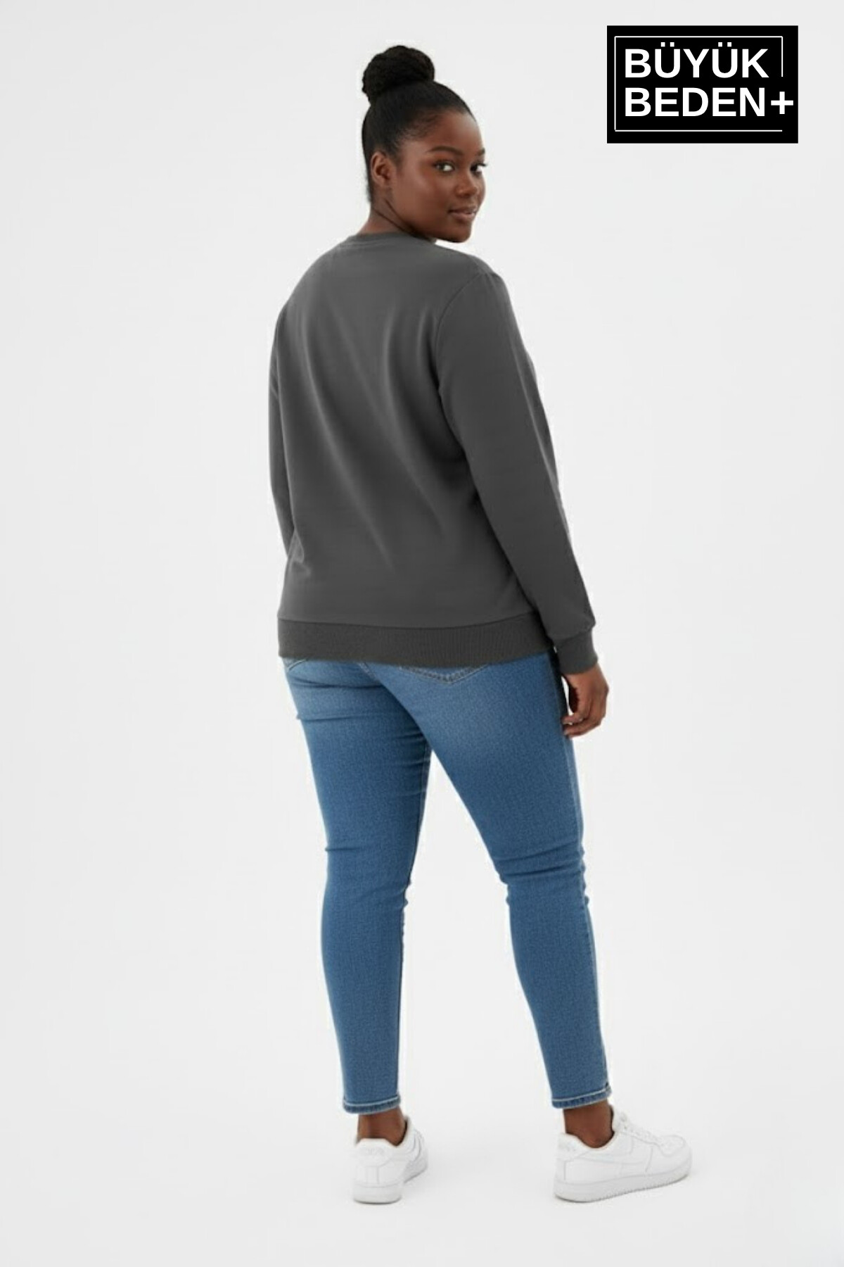 Kadın Büyük Beden AR Baskılı Yaka Kollar Etek Ribana Bisilet Yaka İnce Sweatshirt SPR26BSWK956-1