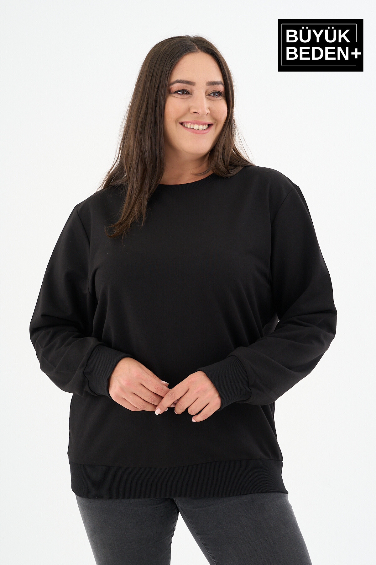 Kadın Büyük Beden Bisiklet Yaka İnce Sweatshirt SPR24BSWK56