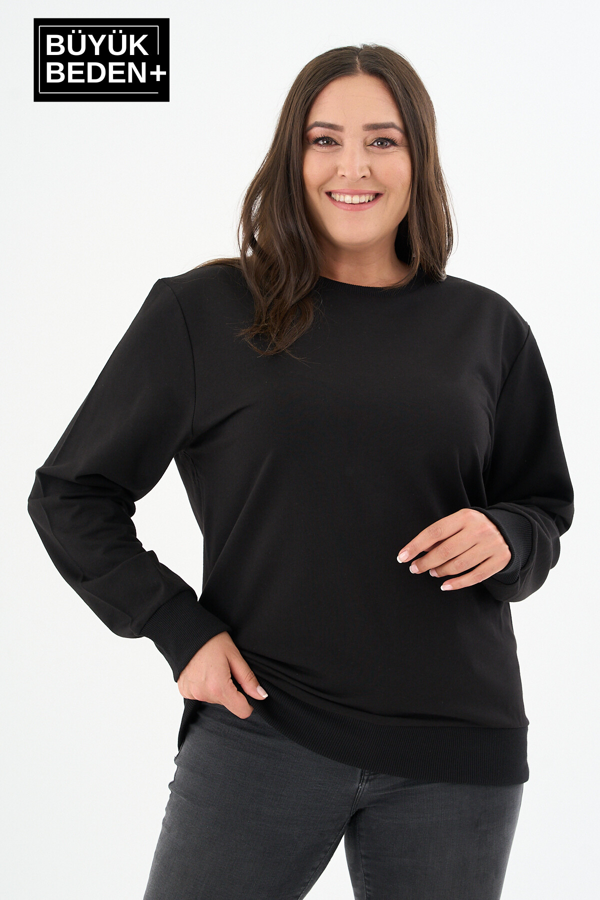 Kadın Büyük Beden Bisiklet Yaka İnce Sweatshirt SPR24BSWK56