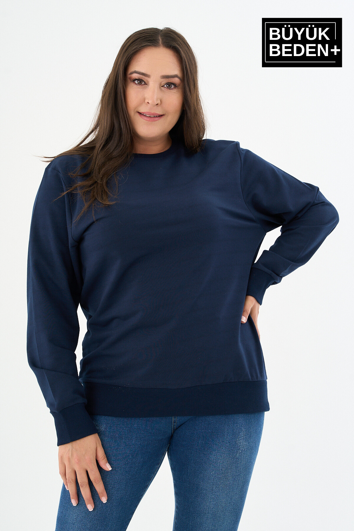 Kadın Büyük Beden Bisiklet Yaka İnce Sweatshirt SPR24BSWK56