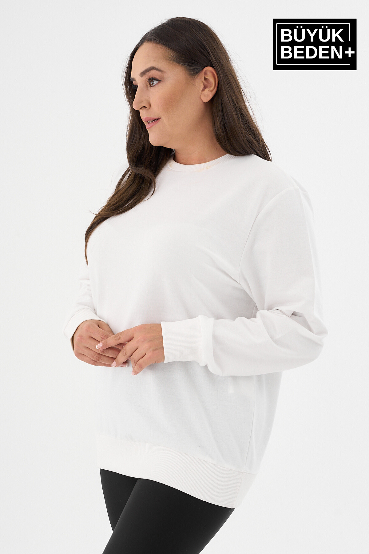 Kadın Büyük Beden Bisiklet Yaka İnce Sweatshirt SPR24BSWK56