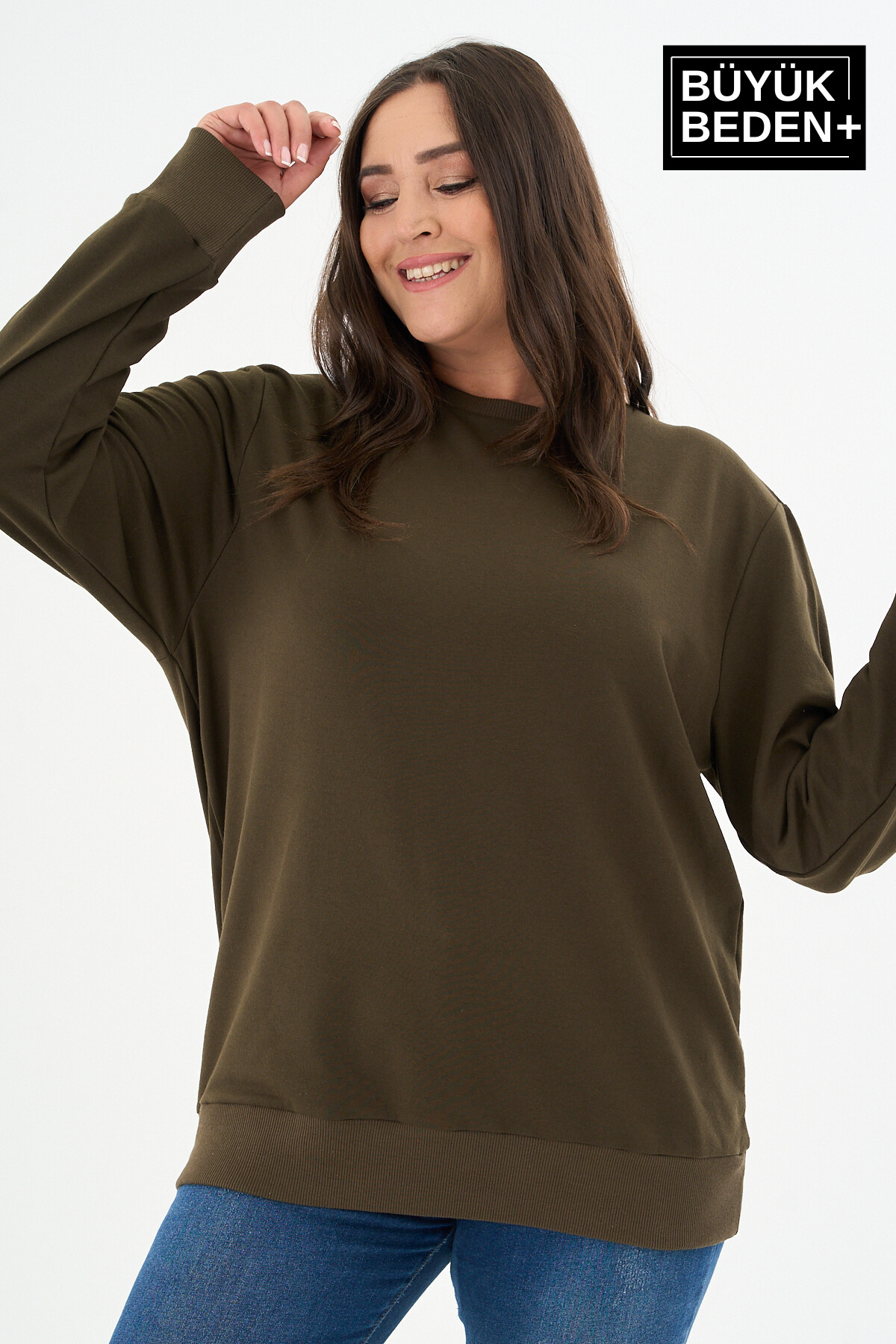 Kadın Büyük Beden Bisiklet Yaka İnce Sweatshirt SPR24BSWK56